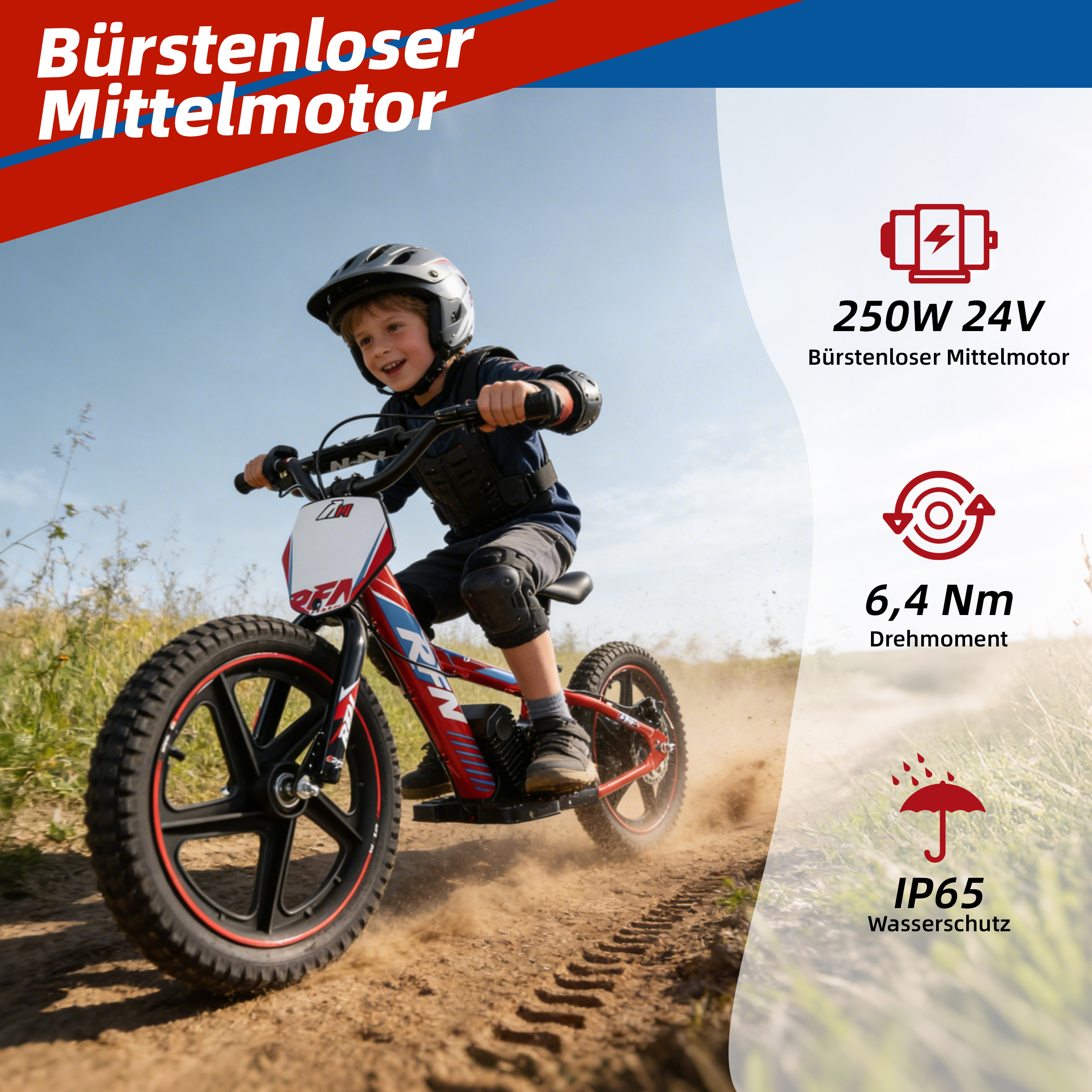 Ein Junge fährt ein rotes E-Bike im Gelände. Spezifikationen sind angezeigt.
