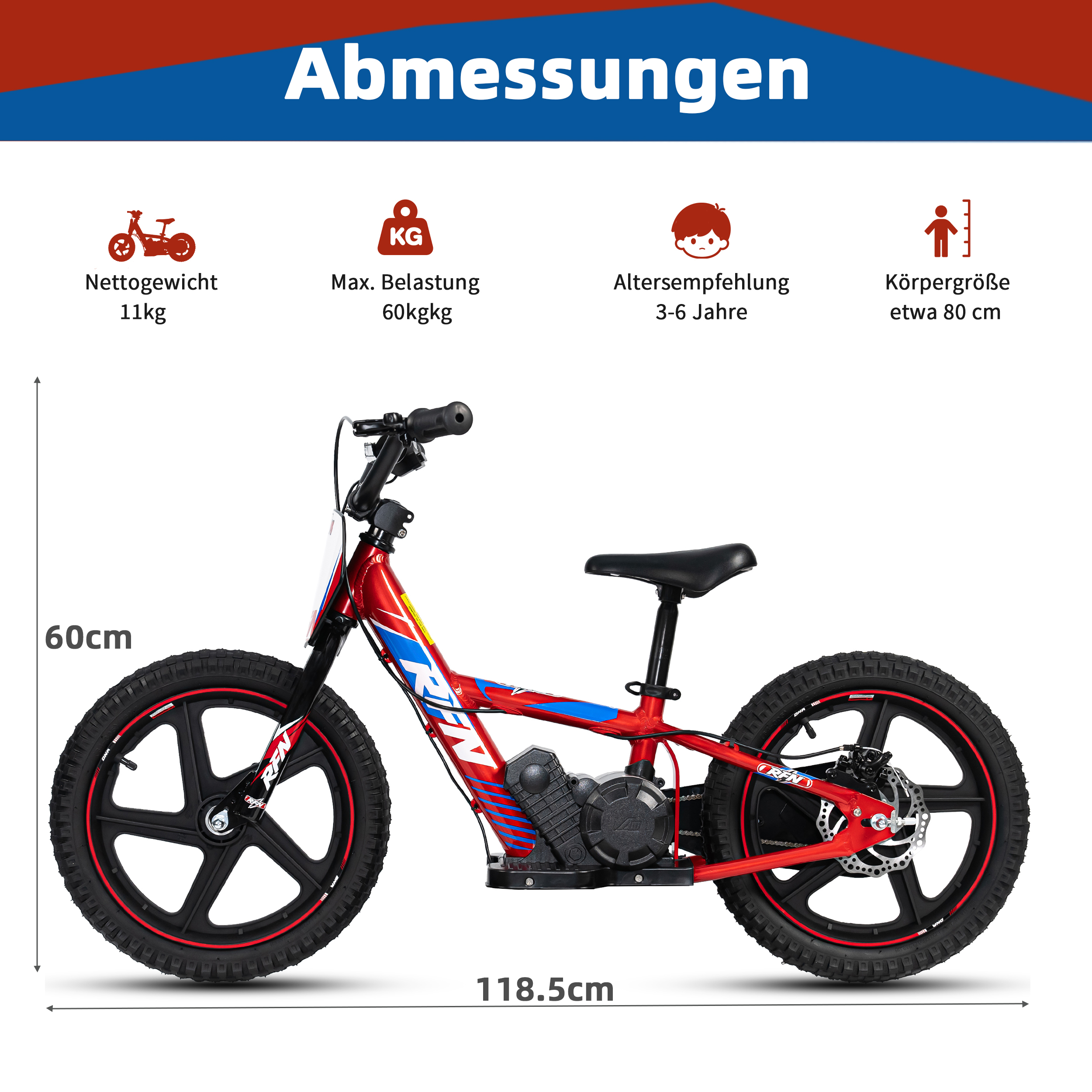 Rotes Kinderfahrrad mit schwarzen Rädern, Maße 118,5x60cm.