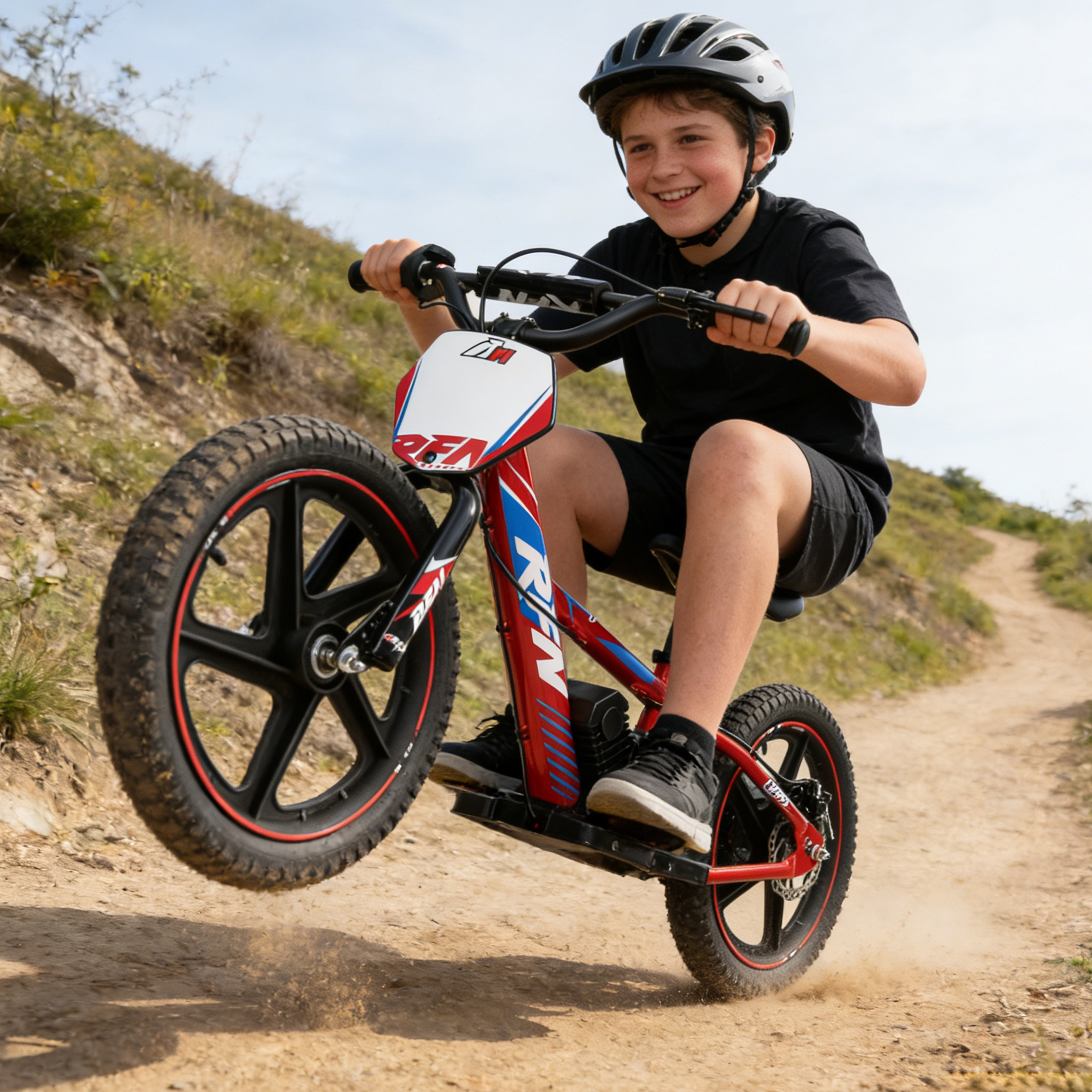 Ein Junge mit Helm fährt ein rotes Elektrofahrrad auf einem Feldweg.