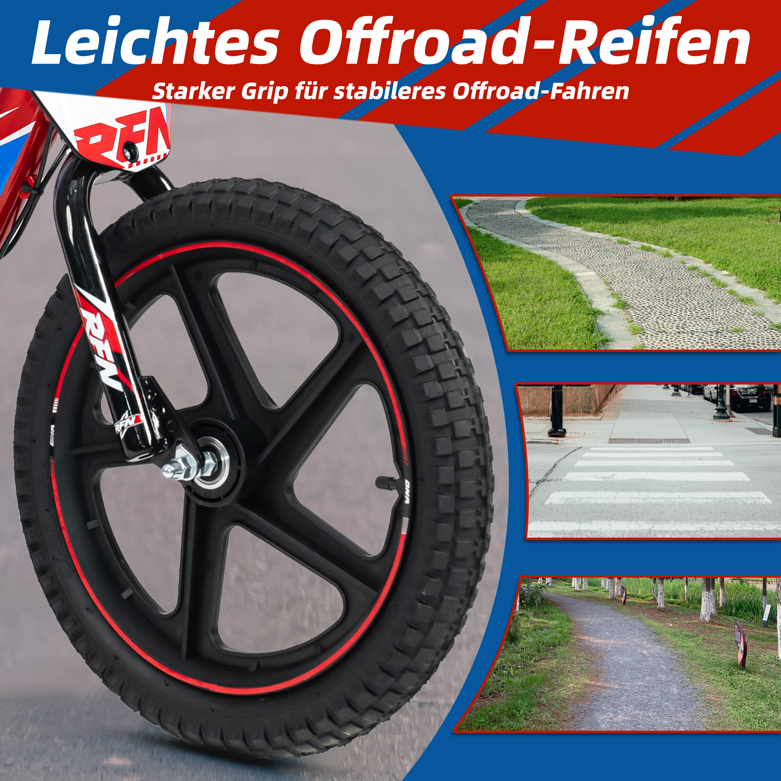 Nahaufnahme eines Fahrradreifens mit rotem Felgendetail. Text: Leichtes Offroad-Reifen.