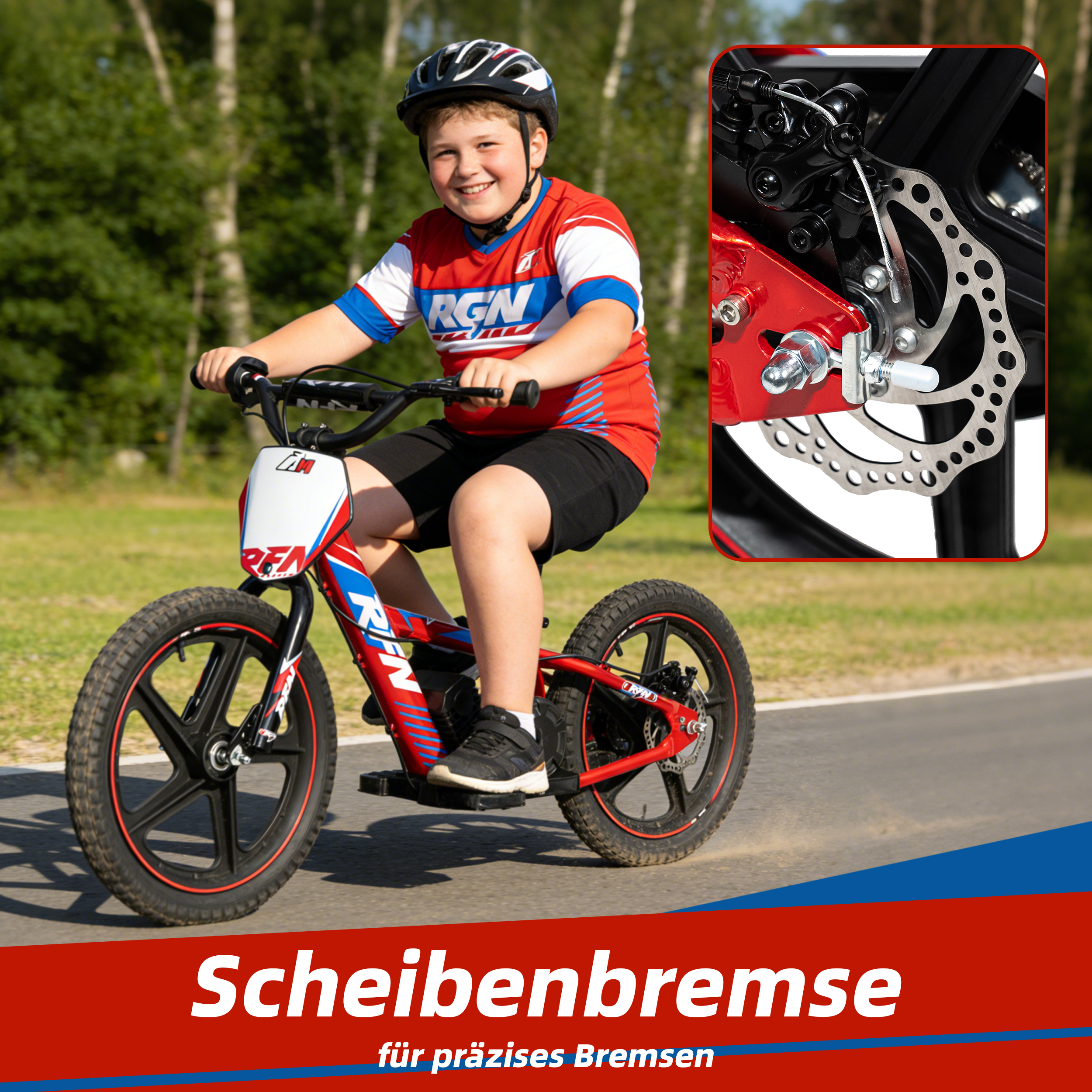 Junge fährt Rad mit Scheibenbremse im Detail, im Freien, Bäume im Hintergrund.