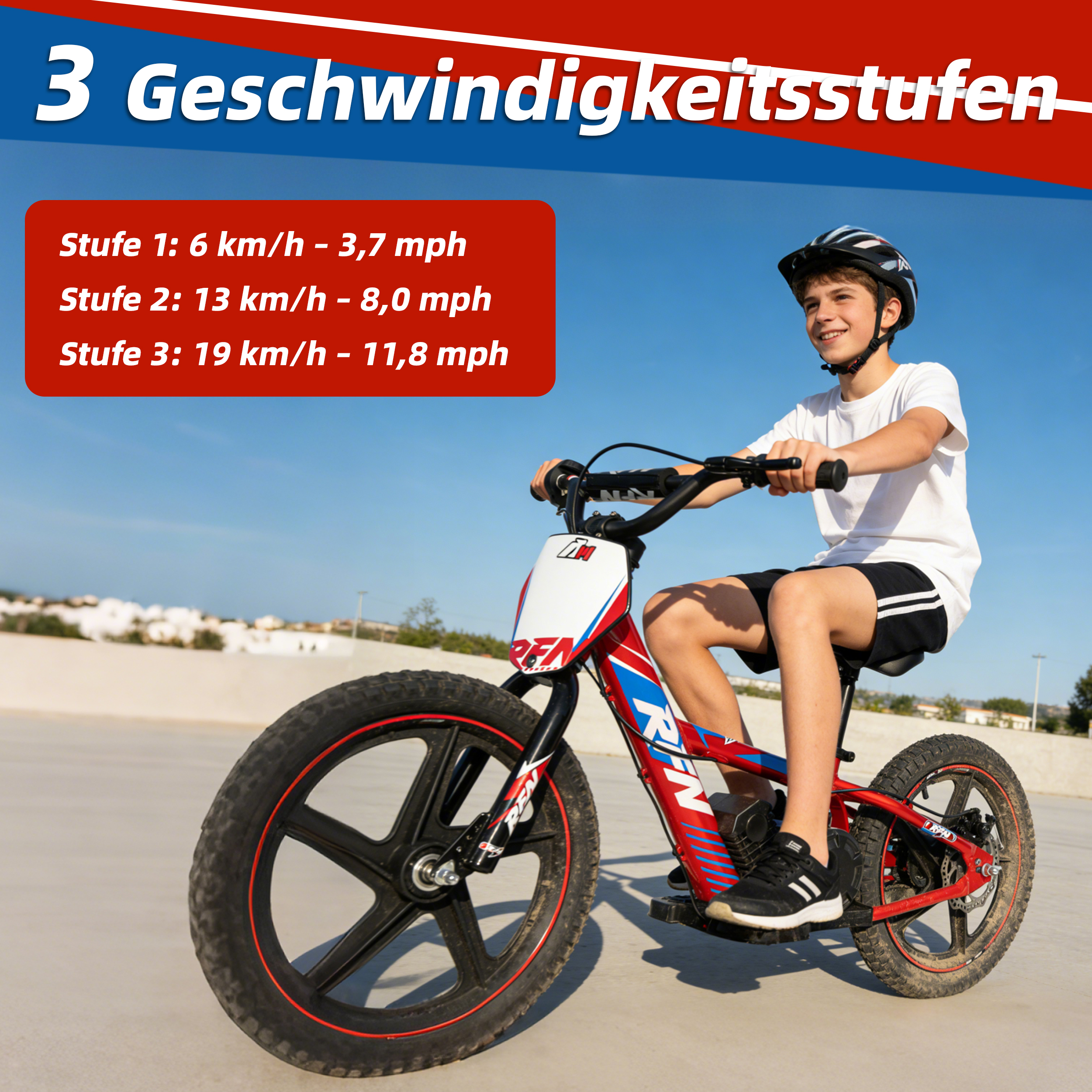 Junge auf einem roten Fahrrad mit Helm, 3 Geschwindigkeitsstufen.