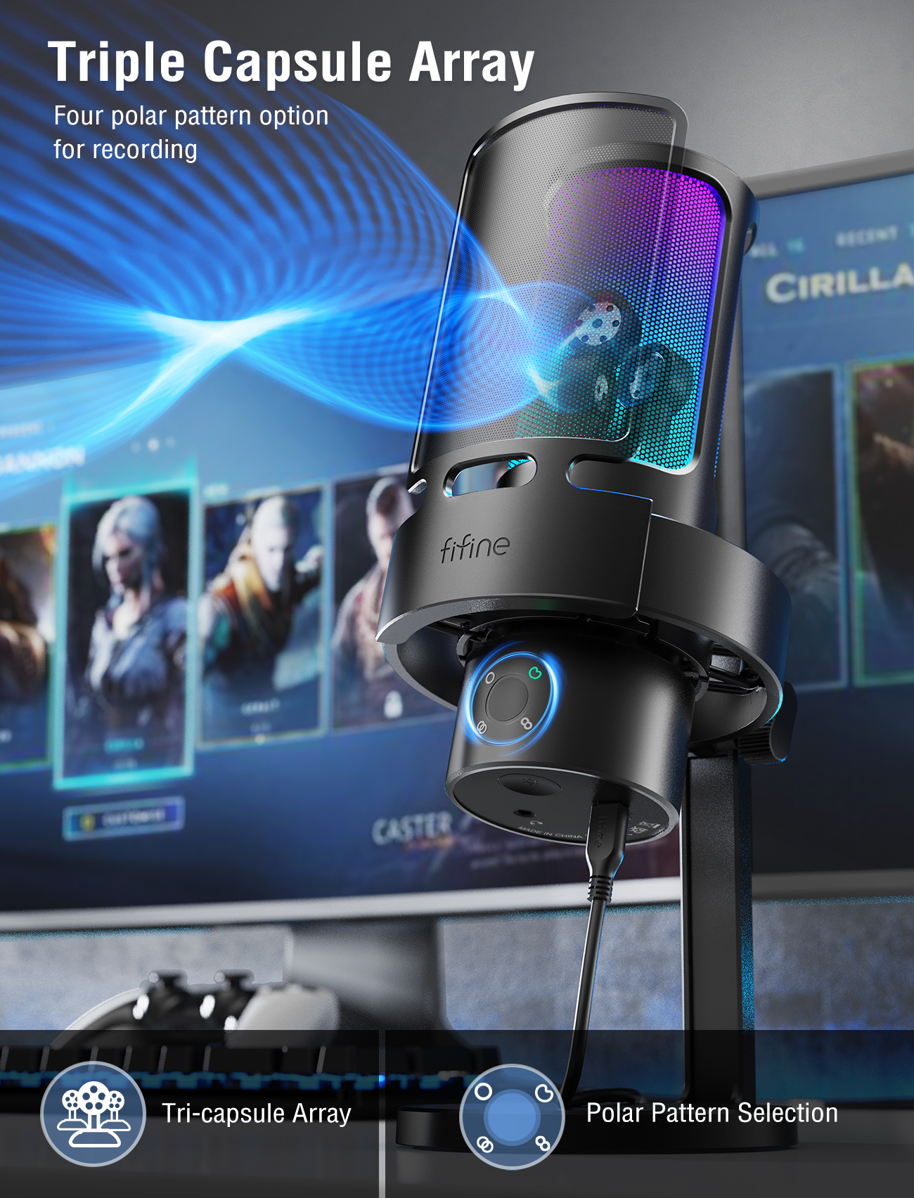 Ein schwarzes Mikrofon mit blauen Schallwellen vor einem Computermonitor mit Spielen.