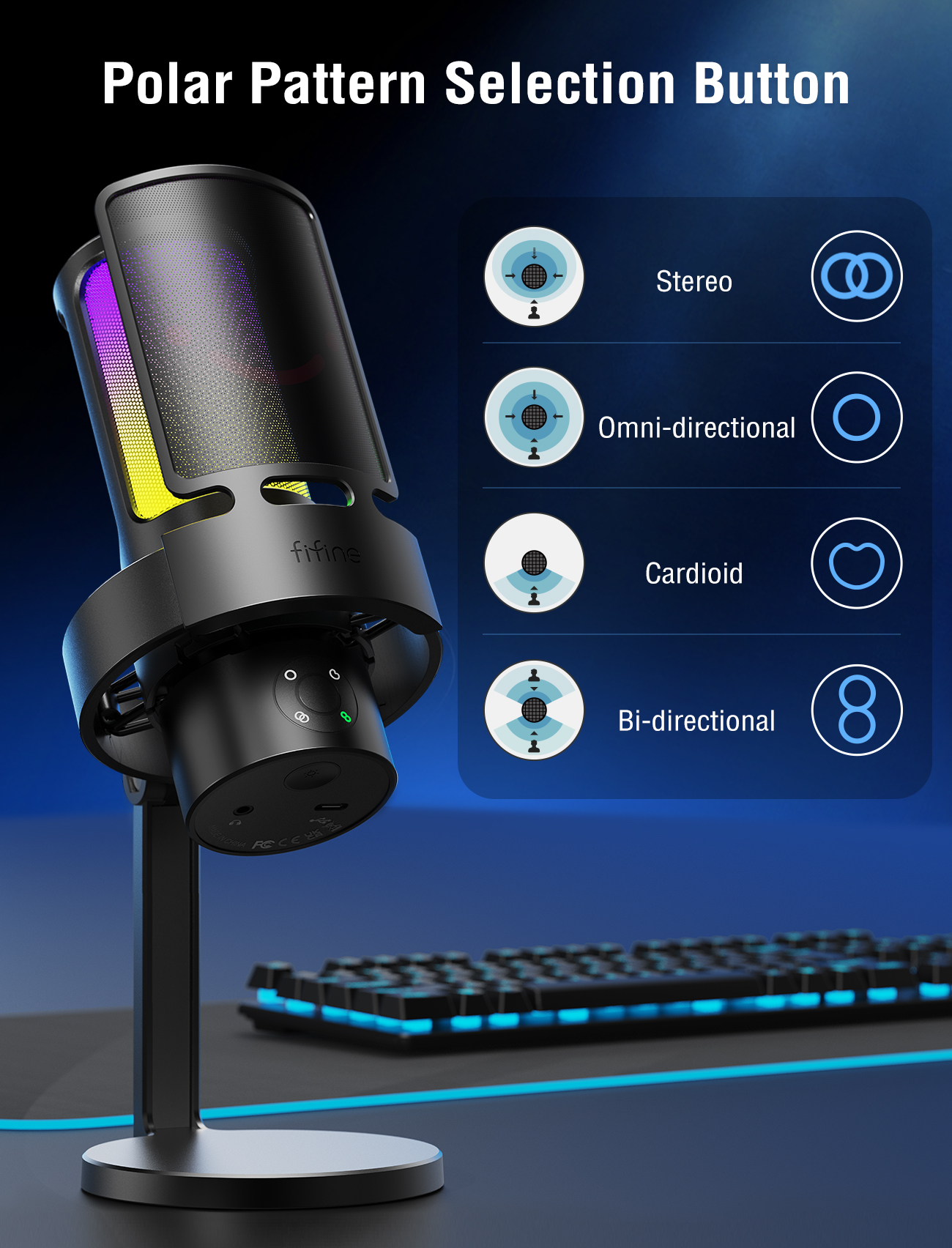 Ein Mikrofon mit RGB-Beleuchtung, Tastatur und Polar-Pattern-Auswahl.