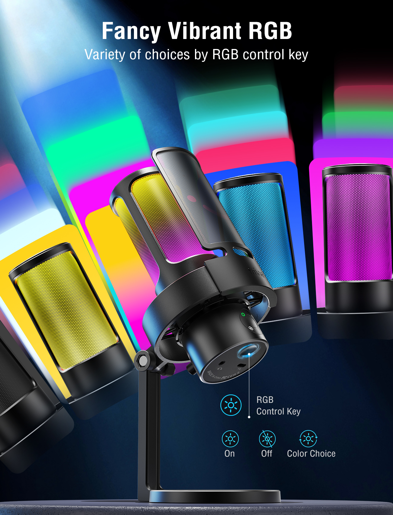 Vier Mikrofone mit RGB-Beleuchtung in Gelb, Blau und Lila auf einem Ständer.