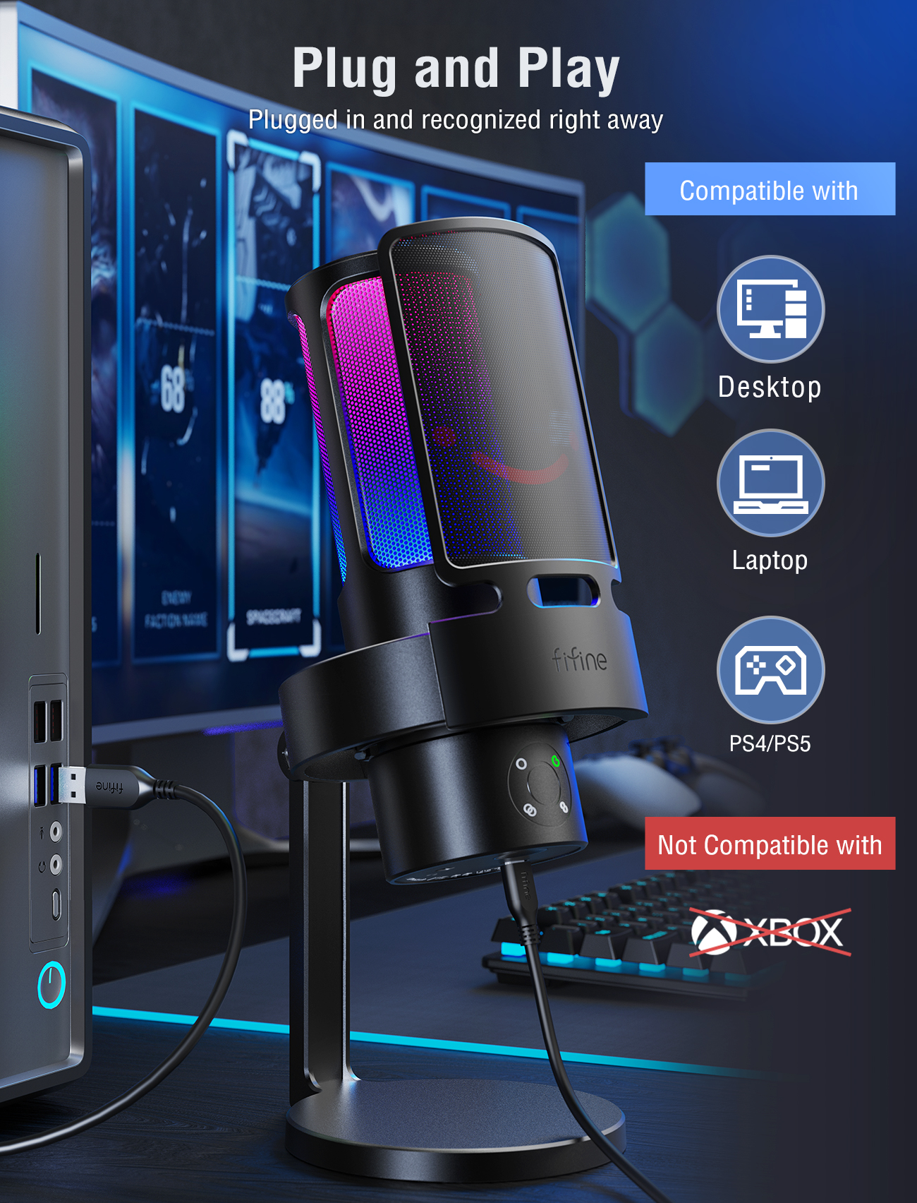 Ein schwarzes Mikrofon mit RGB-Beleuchtung, angeschlossen an einen PC. Kompatibel mit Desktop, Laptop, PS4/PS5.