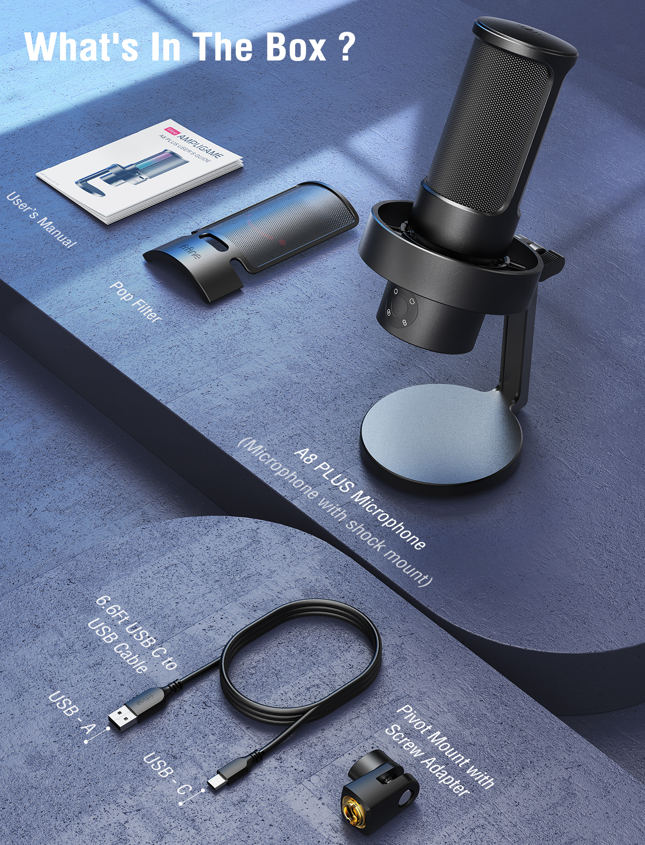 Packungsinhalt: A8 PLUS Mikrofon, Bedienungsanleitung, Popfilter, USB-Kabel, Schwenkhalterung.