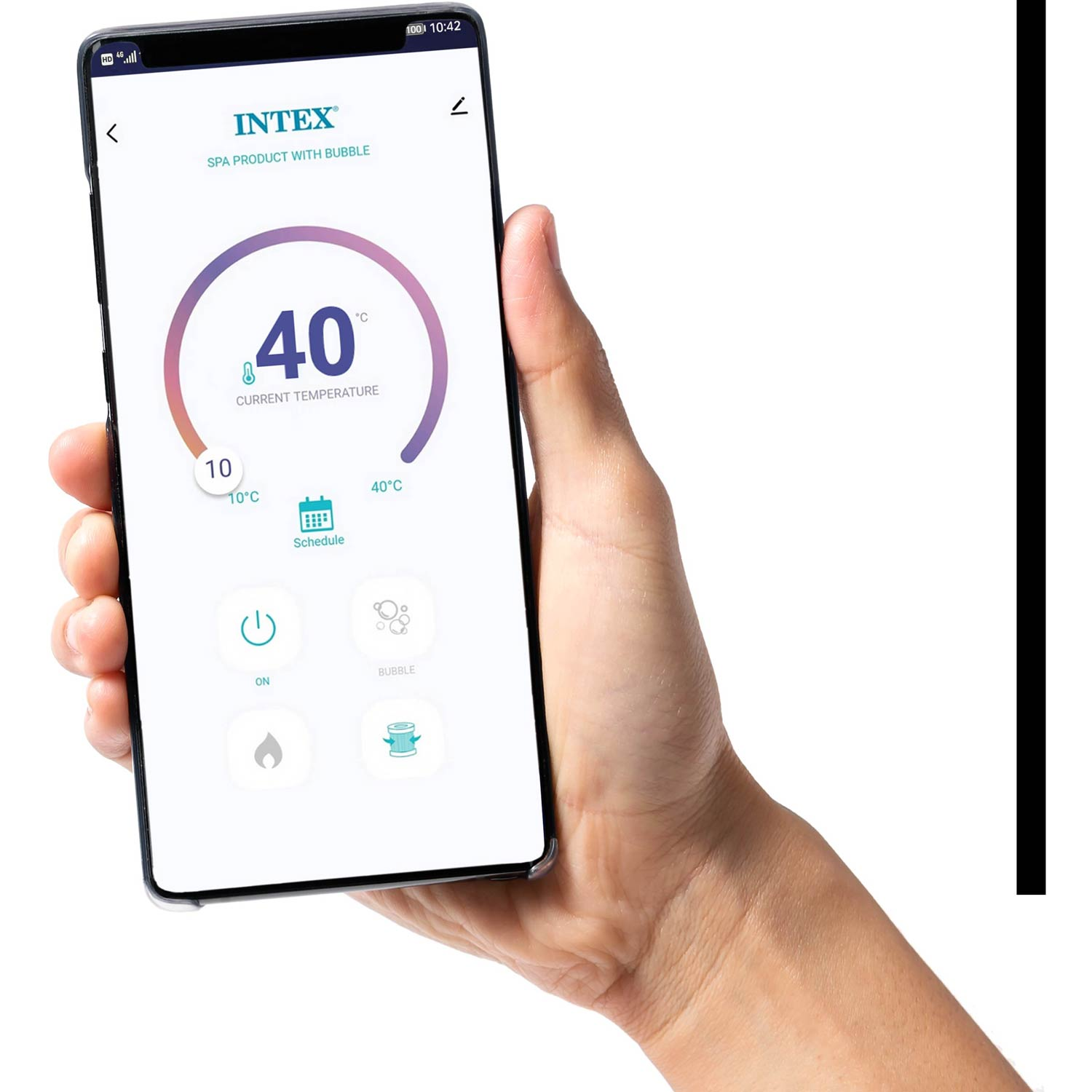 Ein Smartphone zeigt die INTEX Spa-App mit aktueller Temperatur von 40°C.