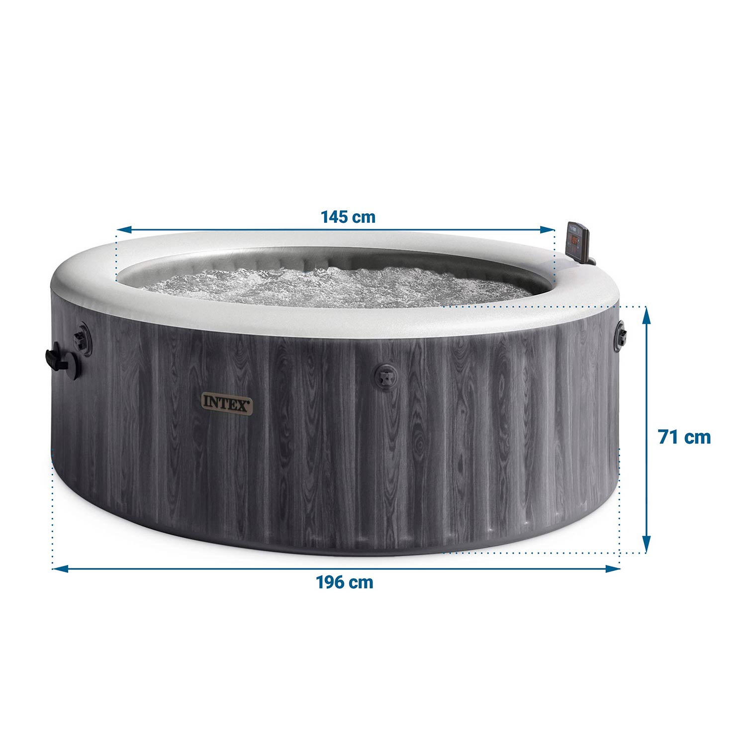 Aufblasbarer Whirlpool mit Holzmuster, 196x145x71cm. Intex Logo auf der Seite.