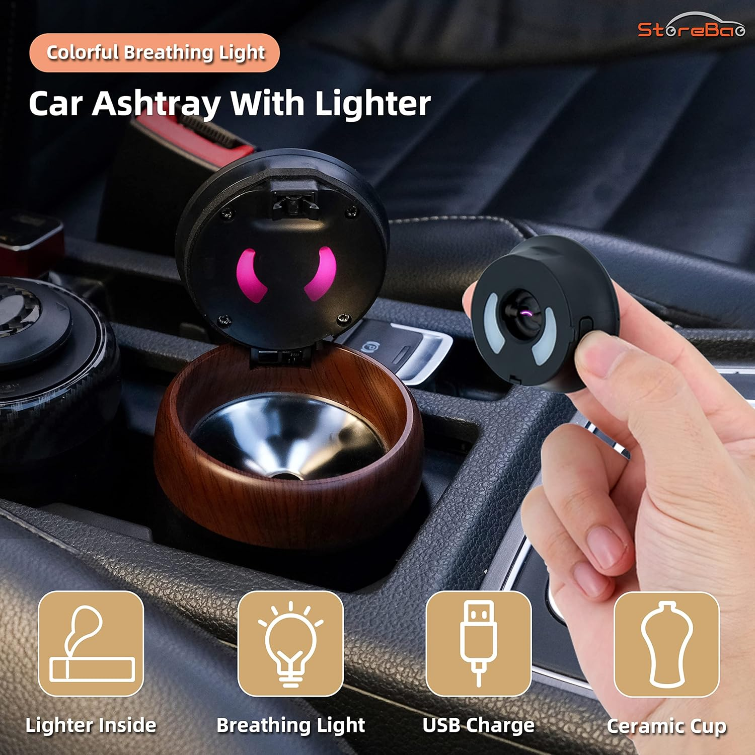 Auto-Aschenbecher mit Feuerzeug und buntem Licht.