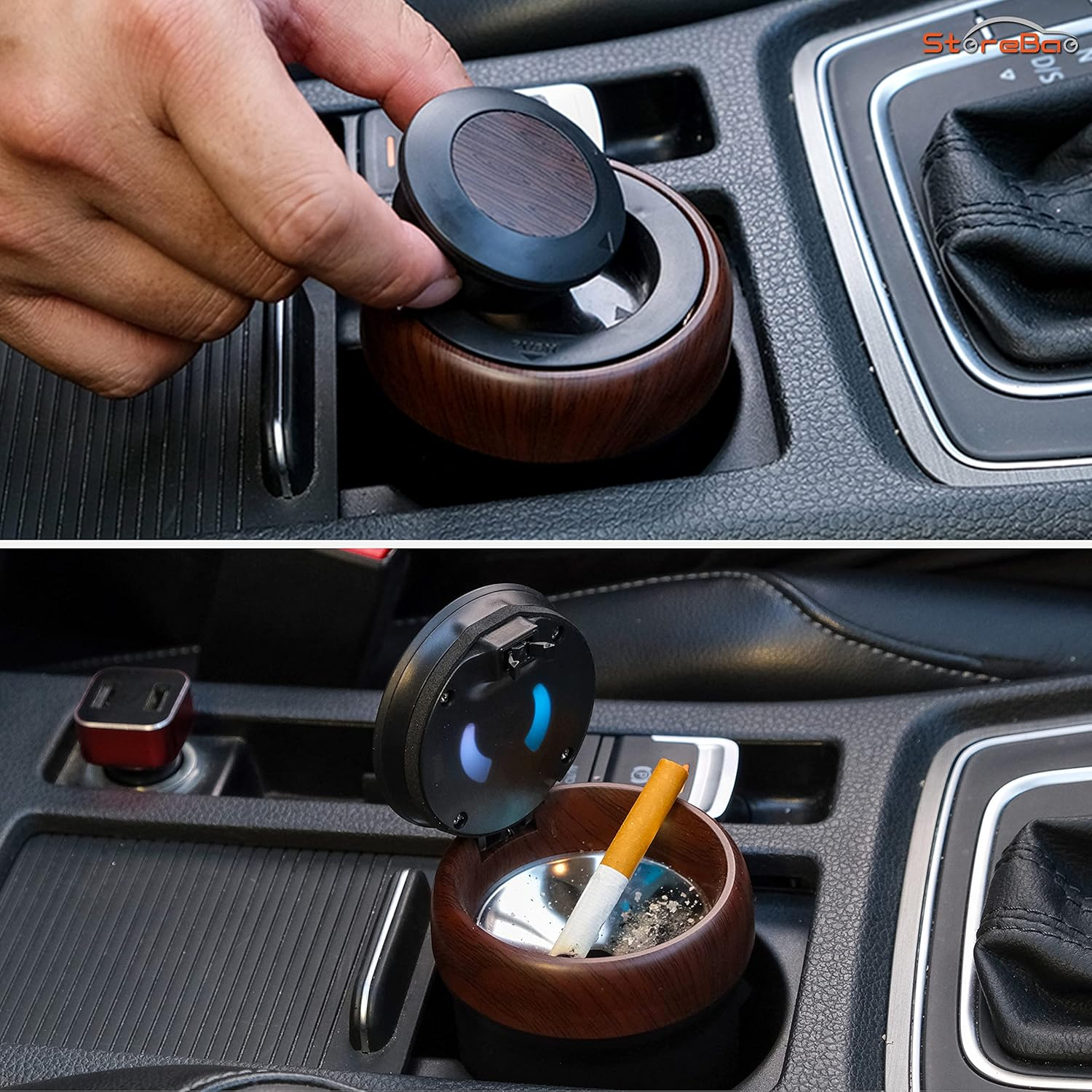 Holzaschenbecher im Auto mit Zigarette und LED-Beleuchtung.