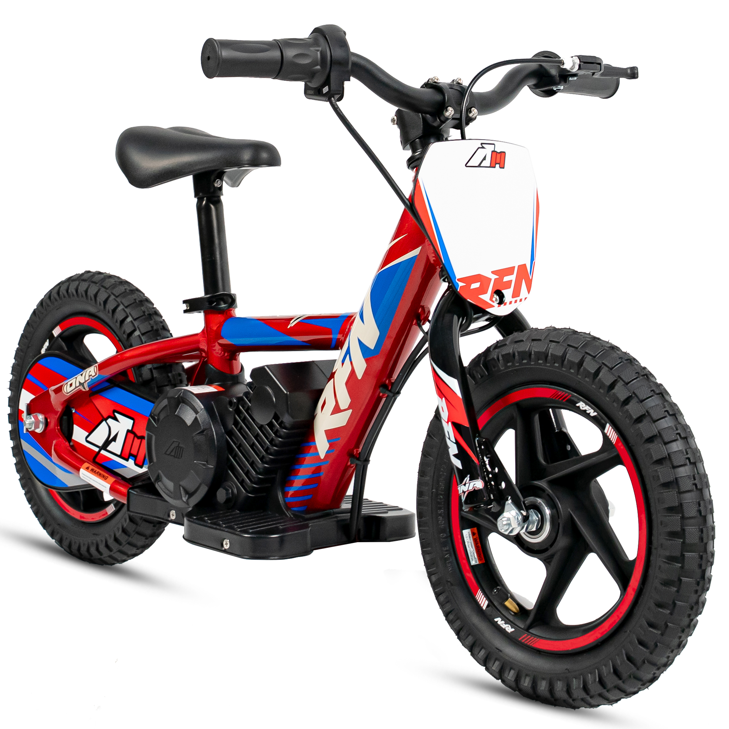 Rotes Kinderfahrrad mit blauen und weißen Akzenten und schwarzen Reifen.