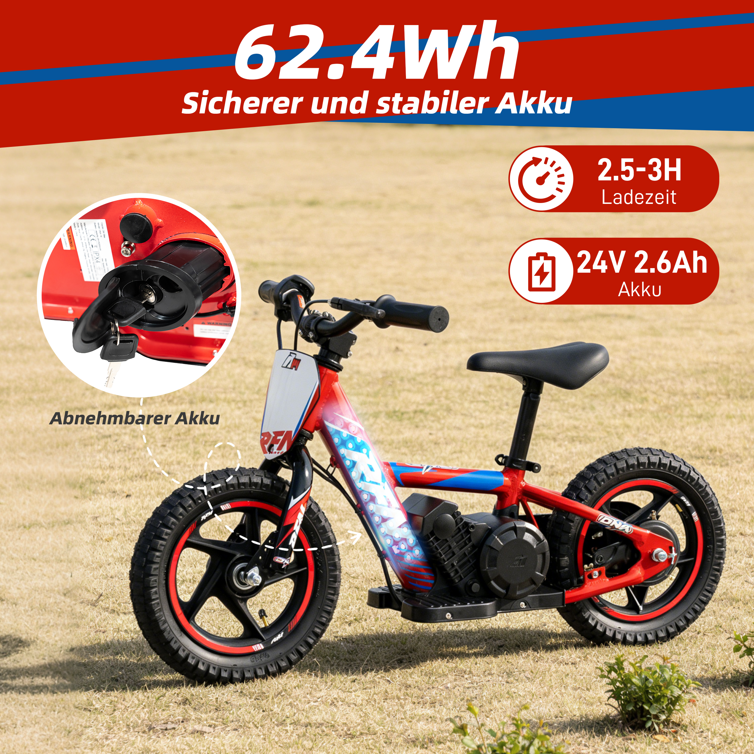 Ein rotes und blaues Elektrofahrrad für Kinder steht auf grasigem Boden.