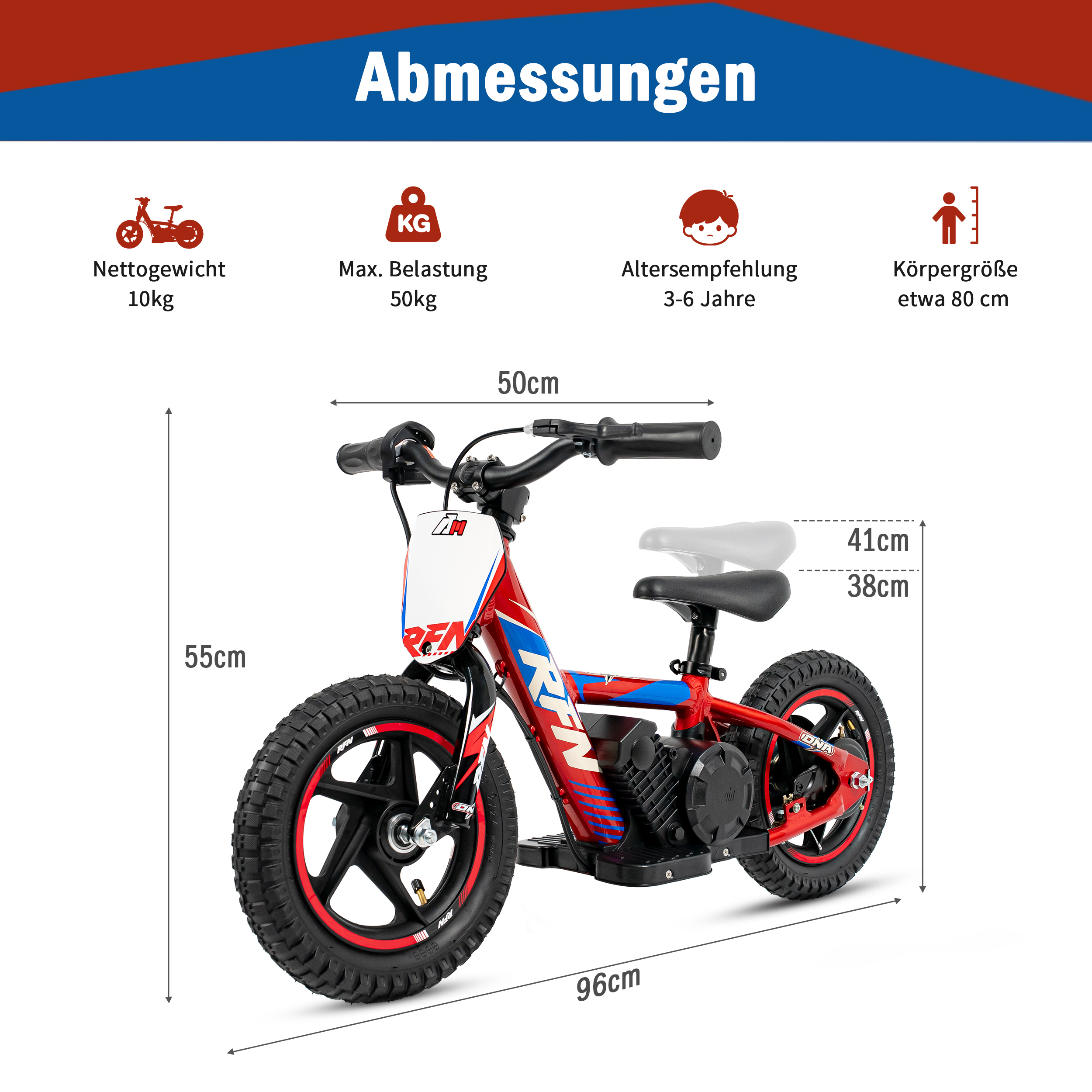 Rotes Kinderfahrrad mit Maßen: 96cm lang, 55cm hoch, 50cm Lenkerbreite.