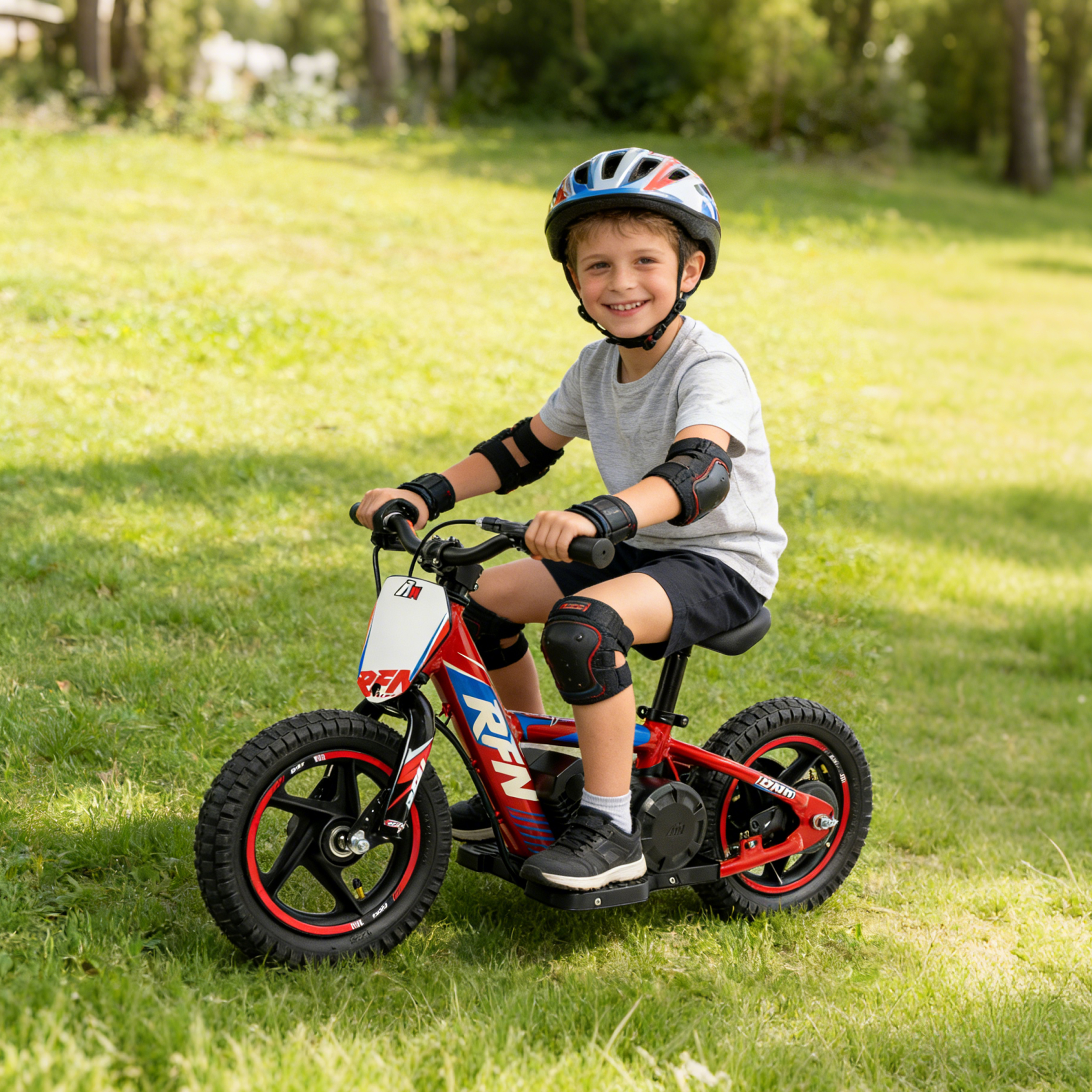 Ein Junge in Schutzkleidung fährt ein rotes Elektrofahrrad auf einer grünen Wiese.