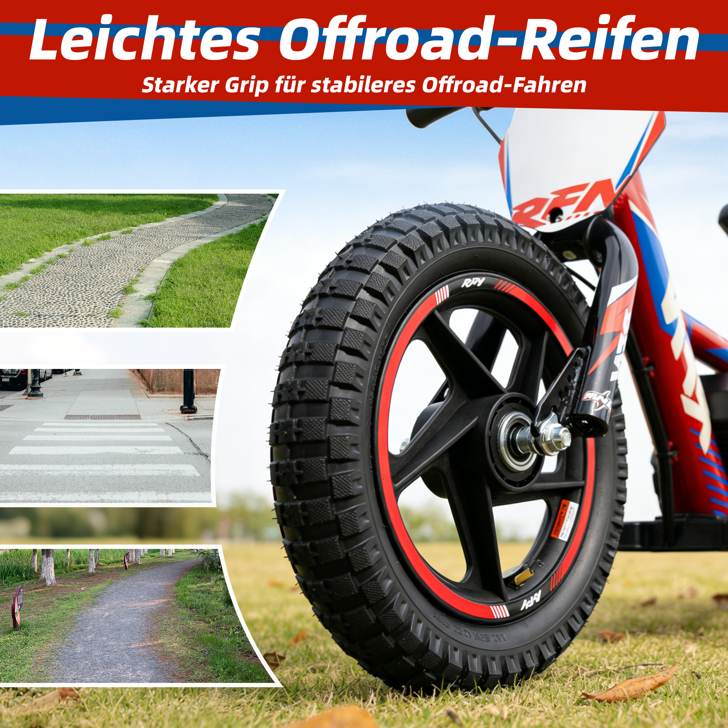 Detailaufnahme eines Fahrradreifens mit roter Felge und Gras im Hintergrund.