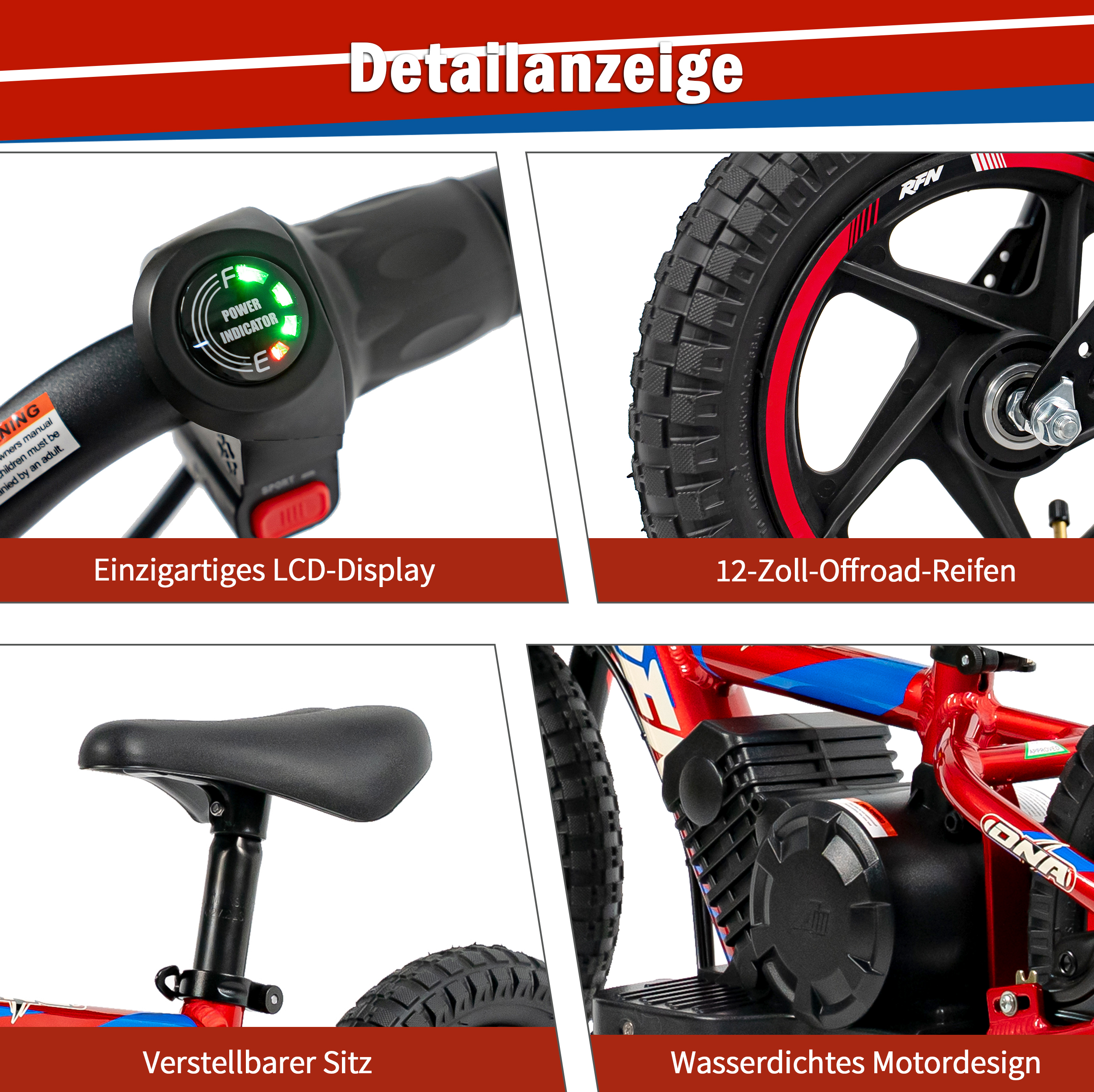 Fahrrad-Details: LCD-Display, Reifen, Sitz und wasserdichtes Motordesign.