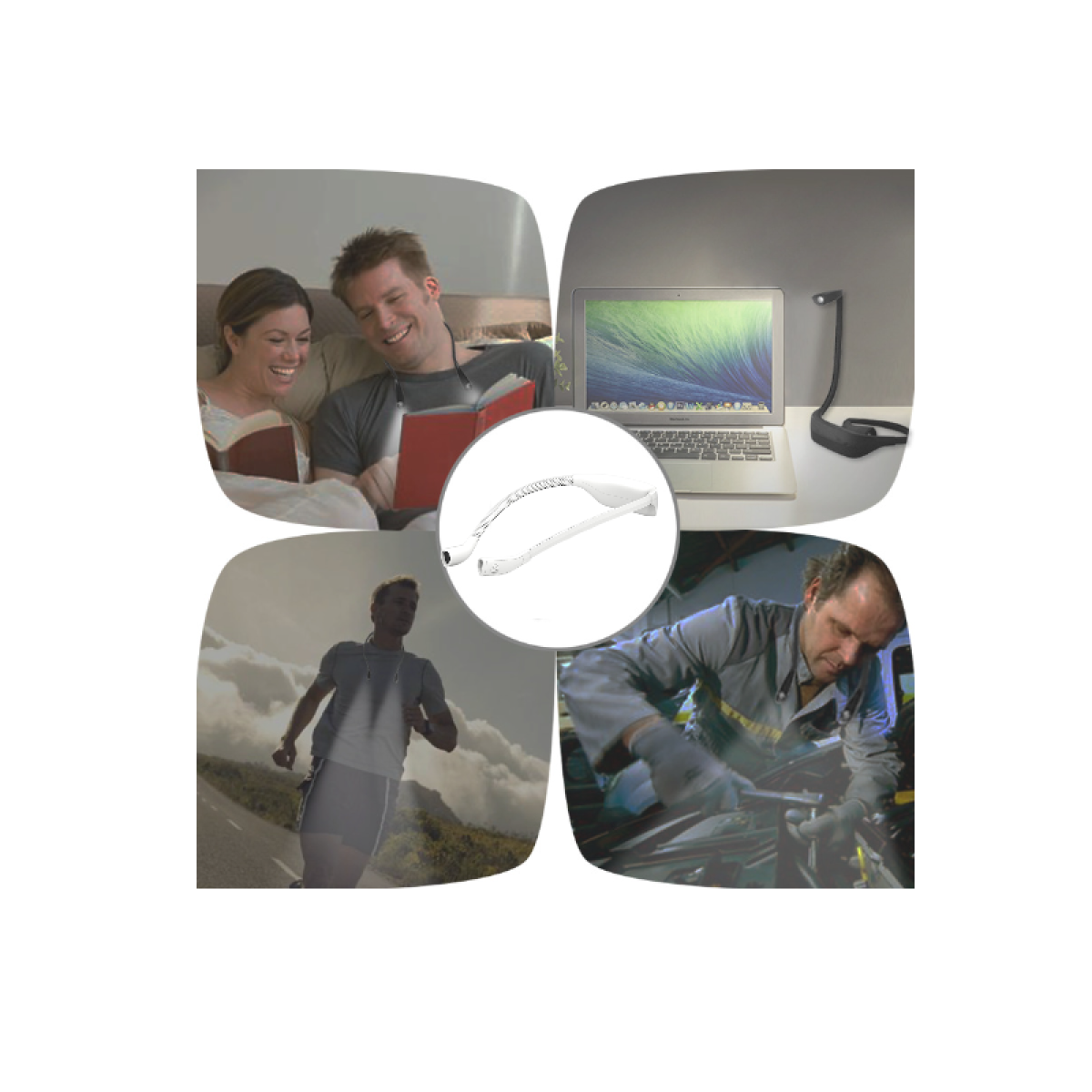 Collage: Paar liest, Laptop, Läufer, Mechaniker. Nahaufnahme von Lesebrille.