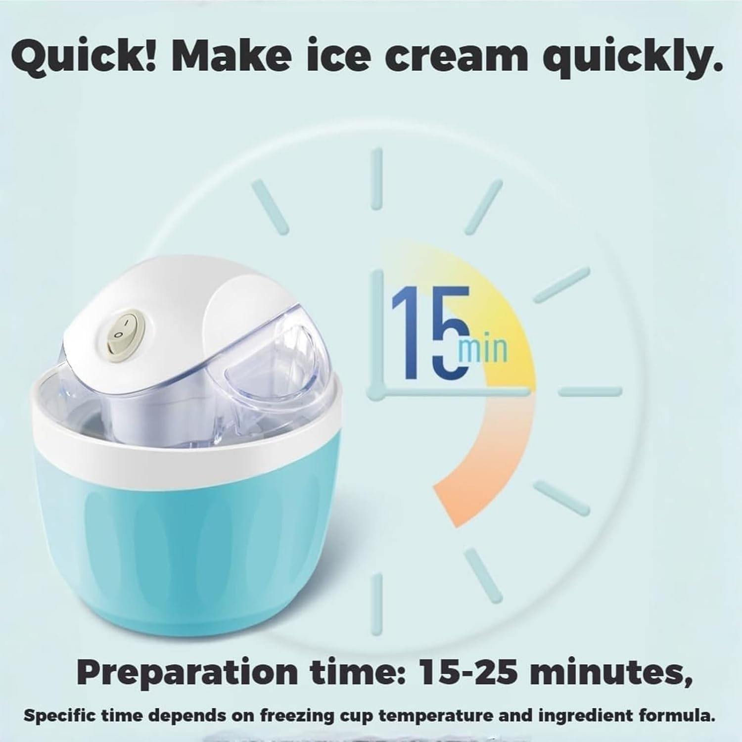 Eine blaue Eismaschine mit weißem Deckel und einem 15-Minuten-Timer.