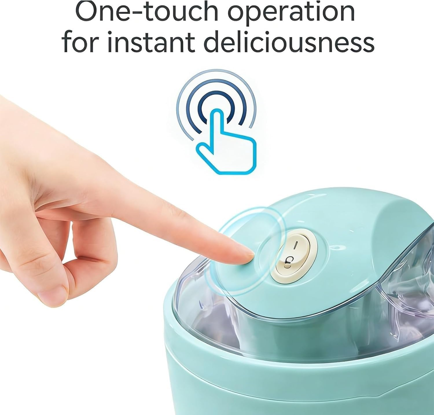 Ein Finger drückt einen Knopf auf einer tealfarbenen Eismaschine. Ein-Knopf-Bedienung.