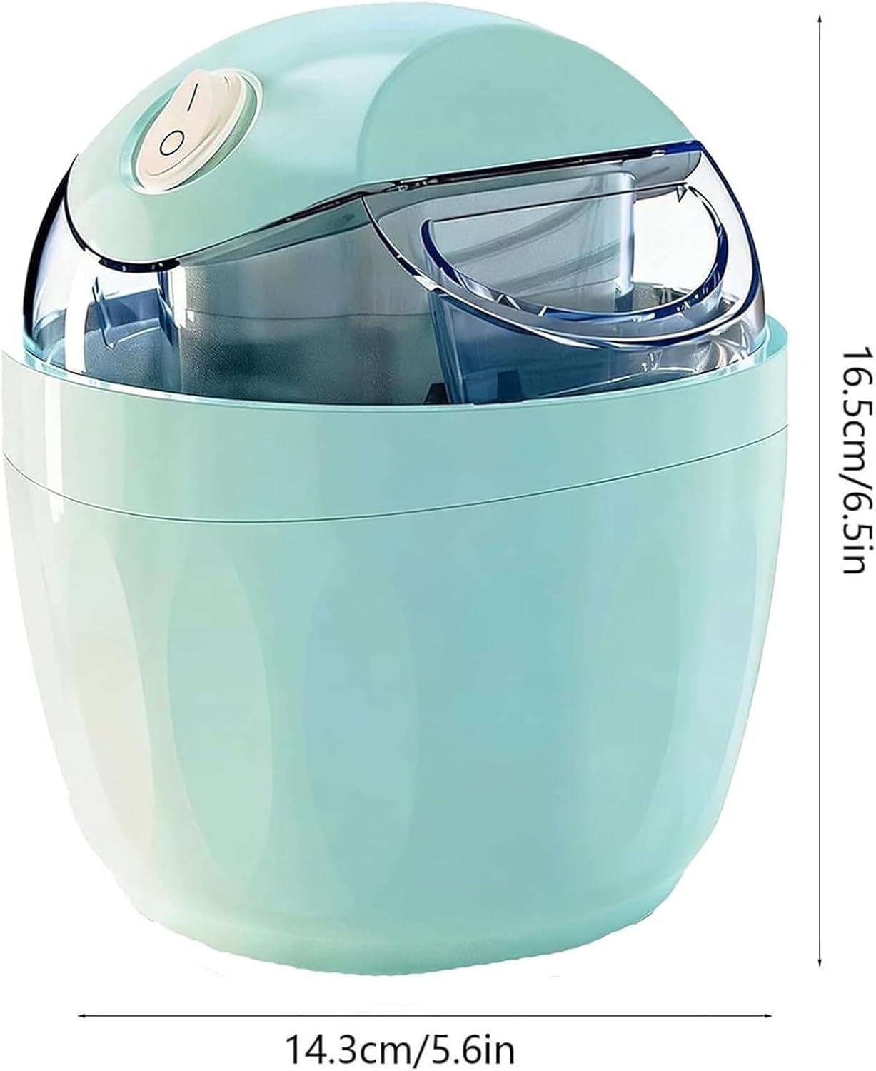 Eine hellblaue Eismaschine mit transparentem Deckel und einem Ein-/Ausschalter.