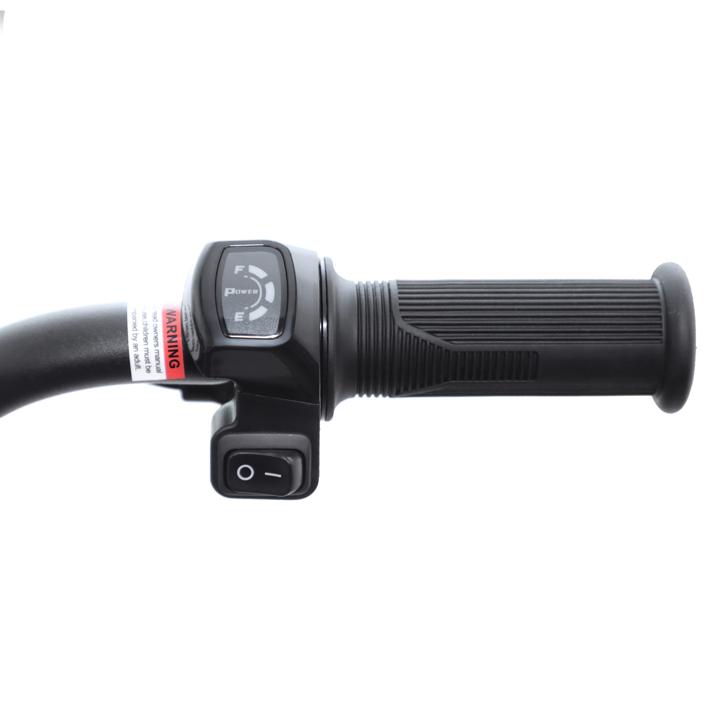 Ein schwarzer E-Bike-Griff mit Power-Anzeige und Schalter.