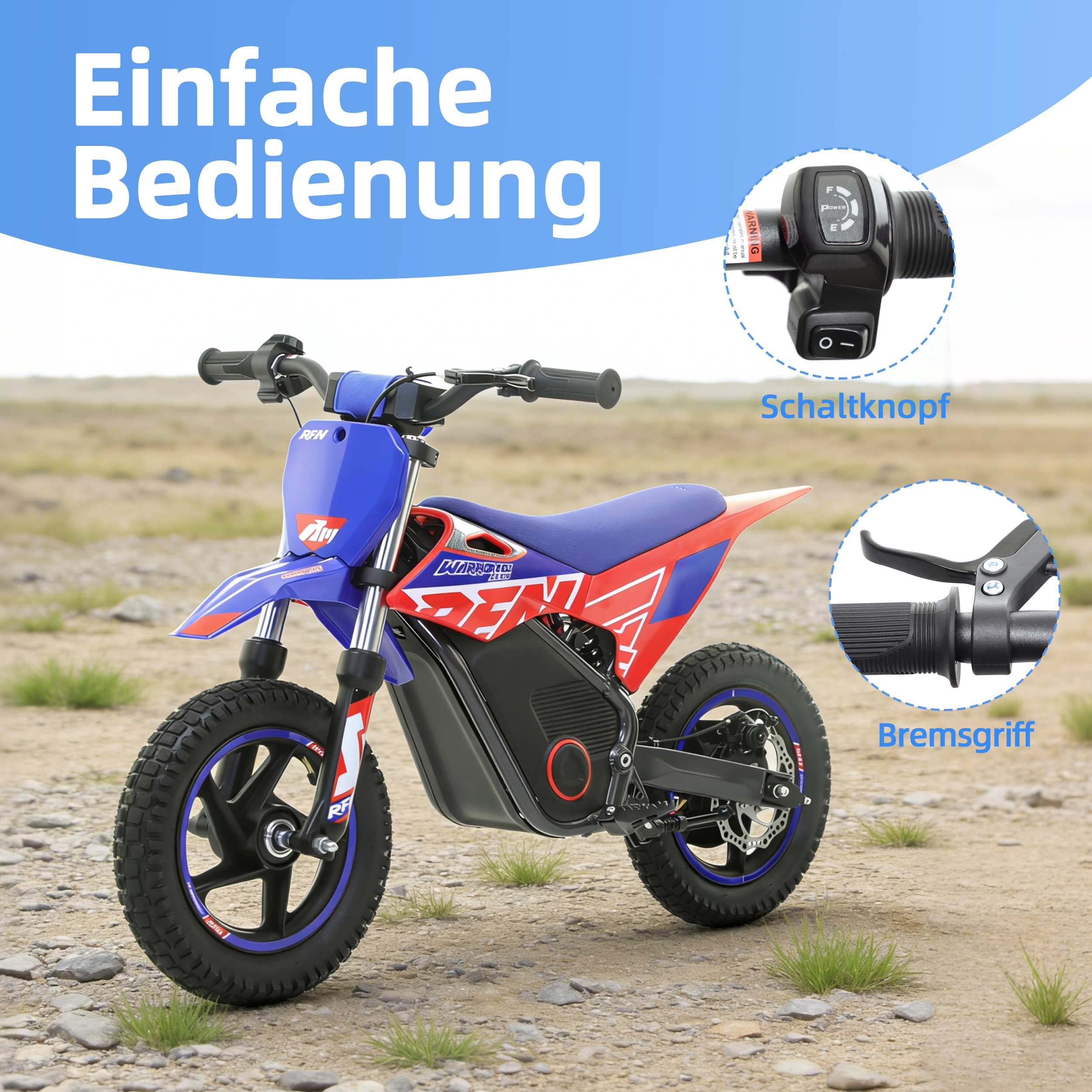 Ein blaues und rotes Elektromotorrad steht im Freien. Nahaufnahmen zeigen den Schaltknopf und Bremsgriff.