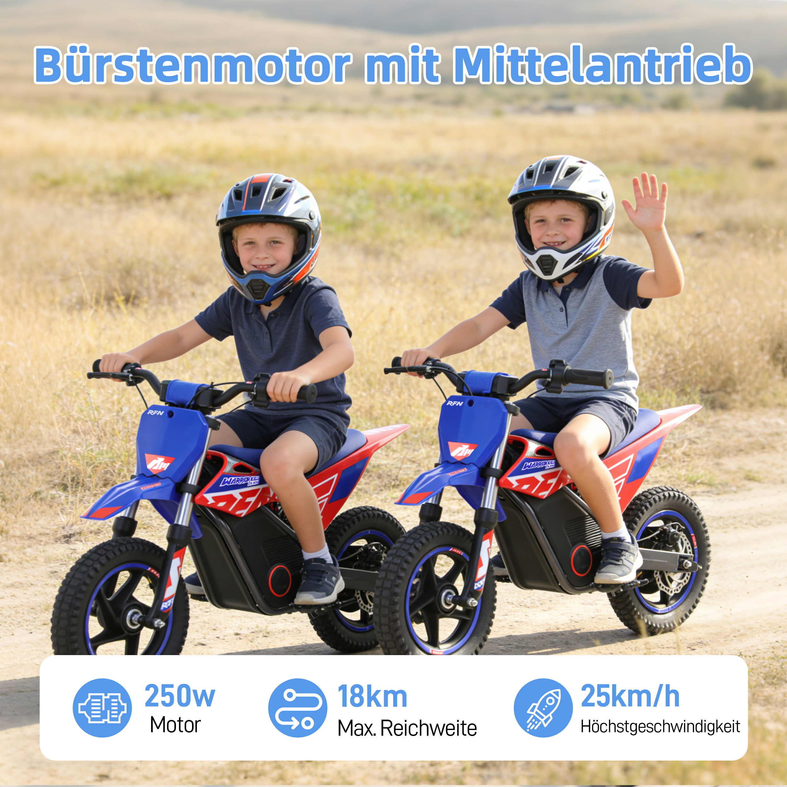 Zwei Kinder auf blauen Elektromotorrädern fahren im Freien, mit Text über Motor, Reichweite und Geschwindigkeit.