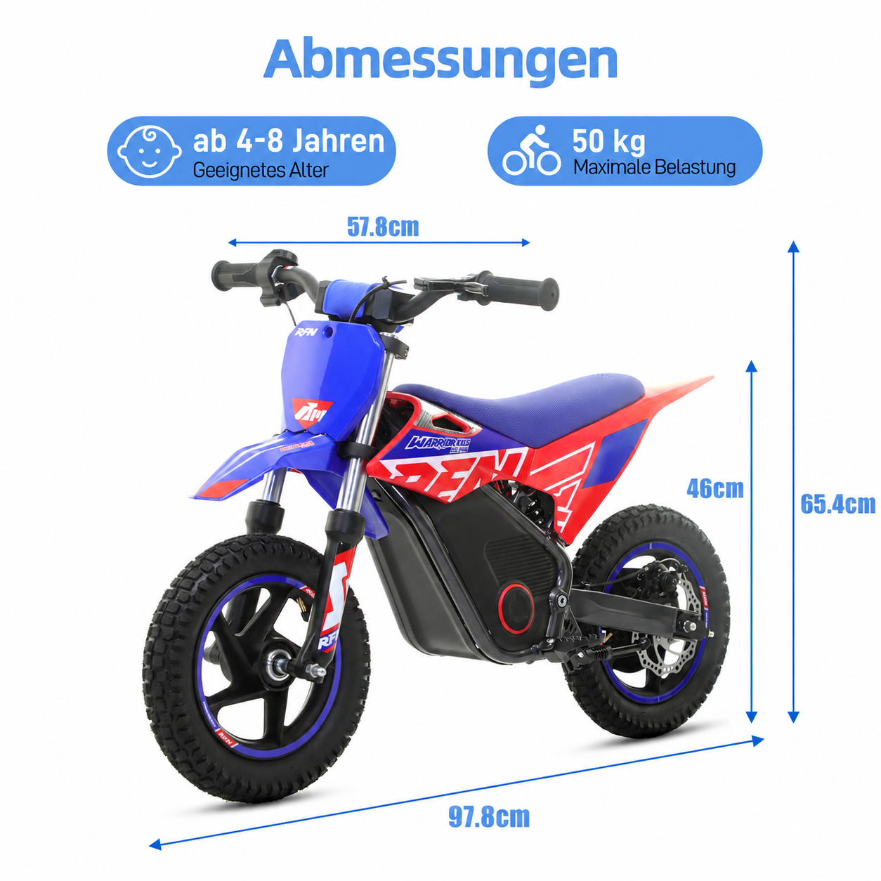 Ein blaues und rotes Elektromotorrad für Kinder, mit Maßen und Altersempfehlung.