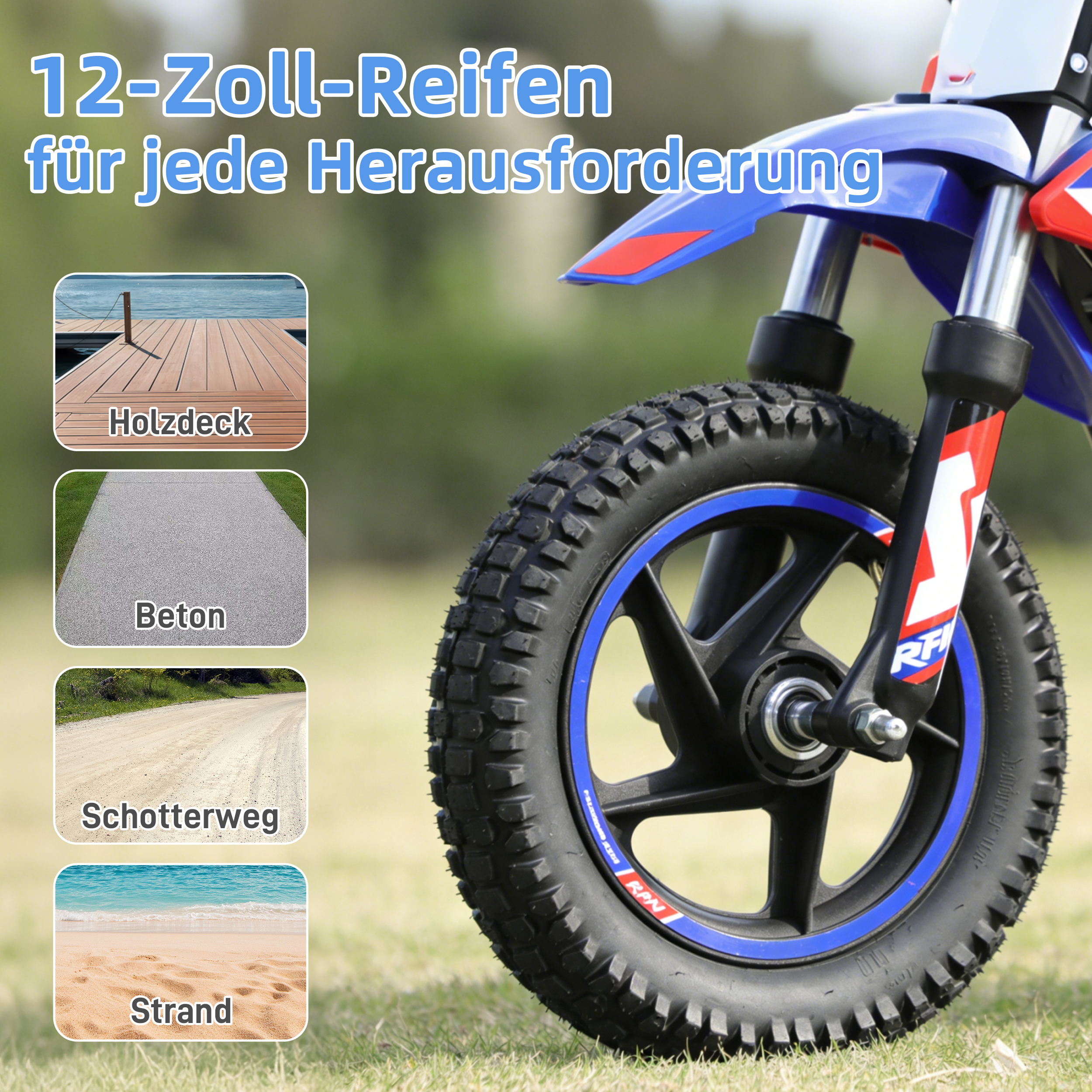 Ein 12-Zoll-Motorradreifen mit blauem Rand und vier kleinen Bildern daneben.