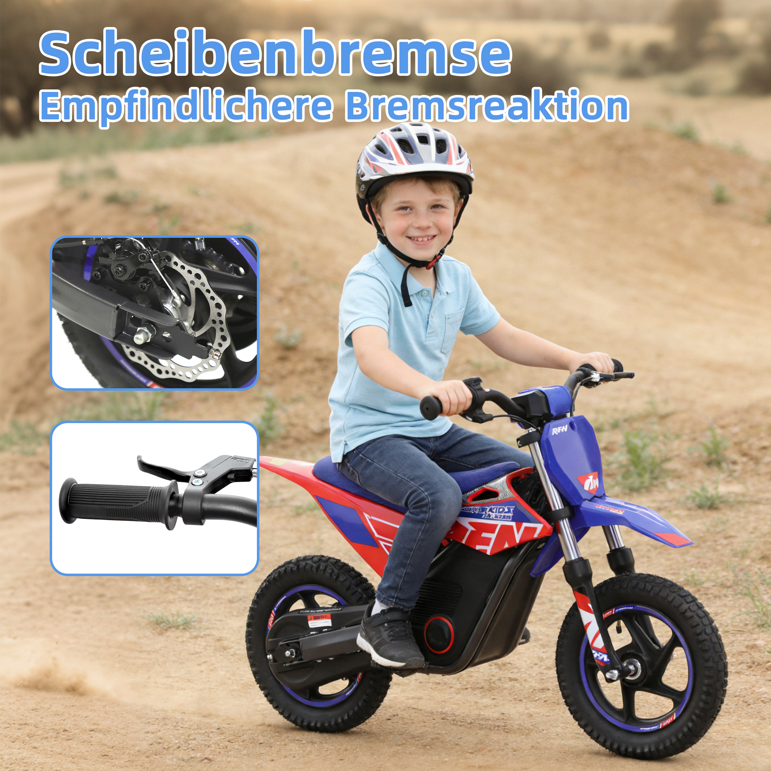 Ein Junge in einem blauen Hemd und Jeans fährt ein rotes und blaues Motorrad im Gelände.