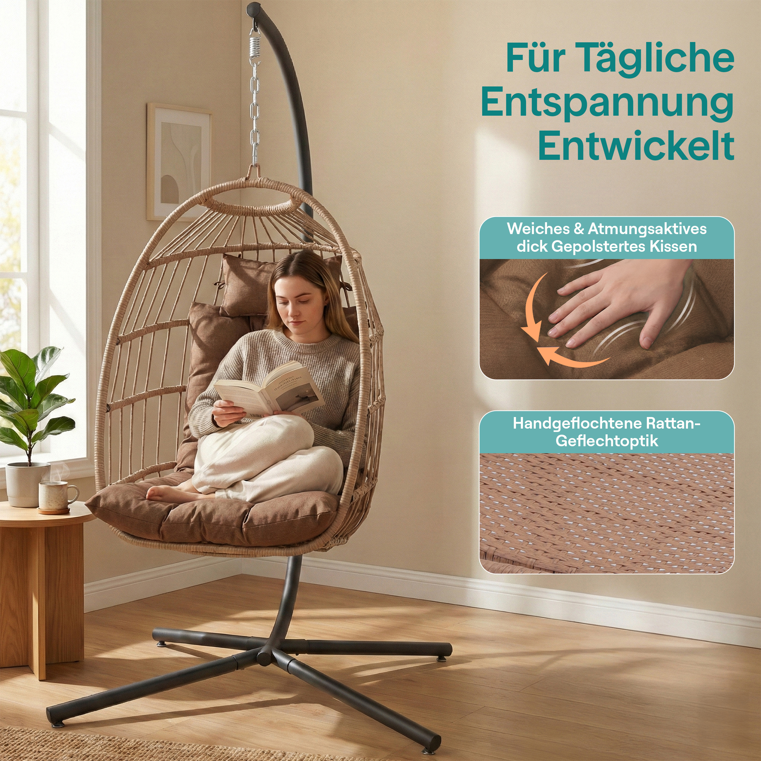 Eine Frau liest in einem Korbsessel mit Kissen, daneben ein kleiner Tisch.