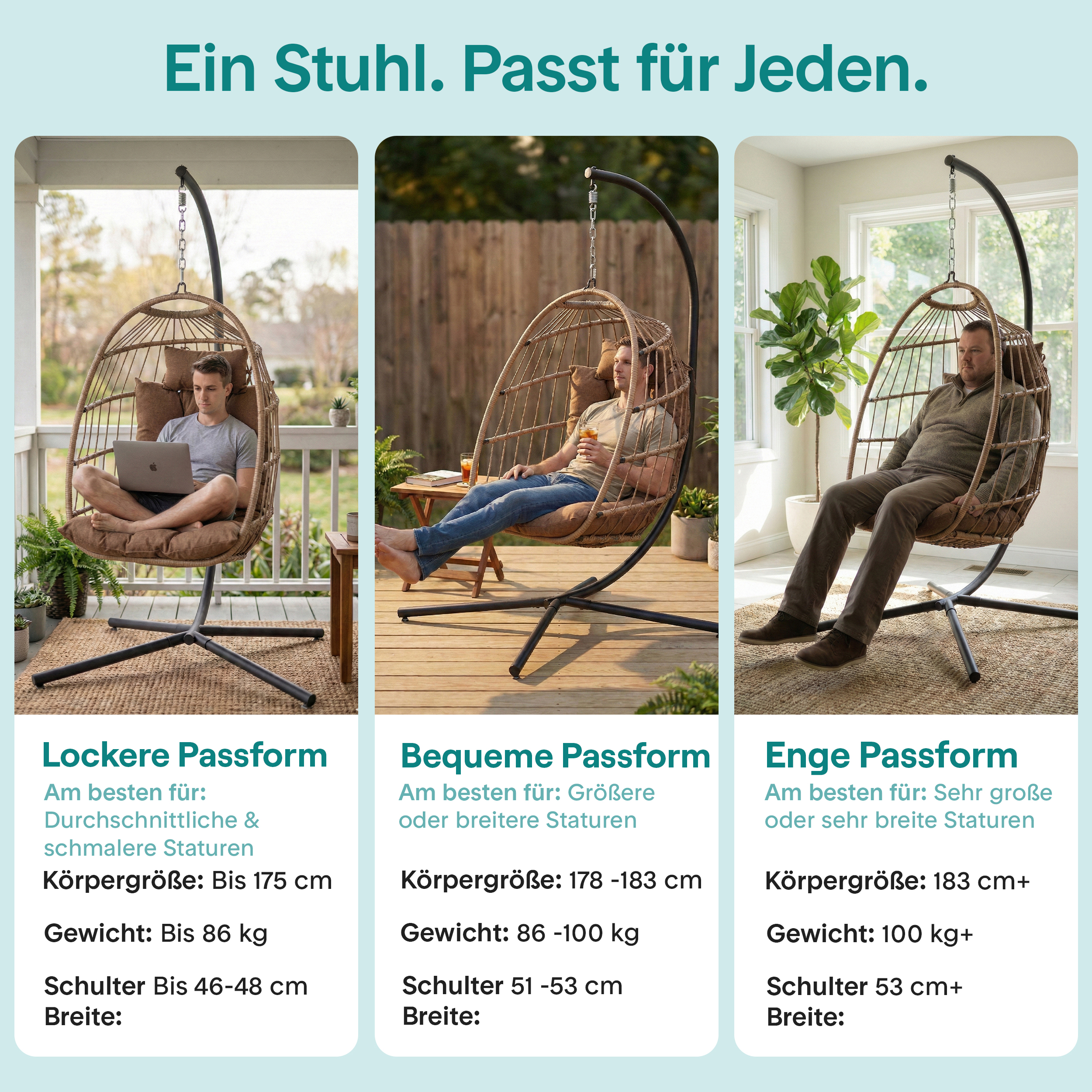 Drei Hängesessel mit Personen: locker, bequem, eng. Maße sind angegeben.