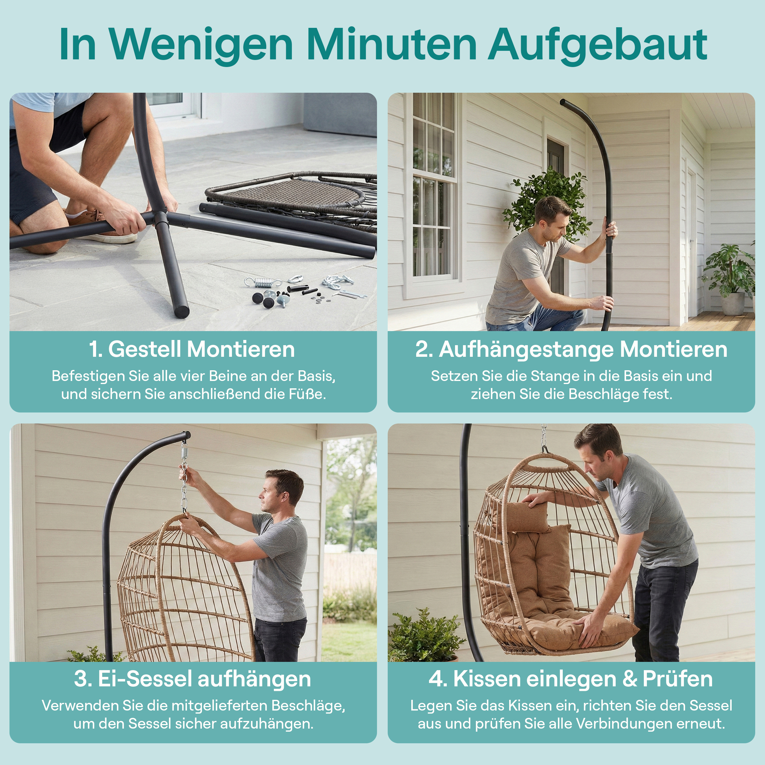 Anleitung zum Aufbau eines Hängesessels in vier Schritten: Gestell montieren, Stange anbringen, Sessel aufhängen, Kissen einlegen.