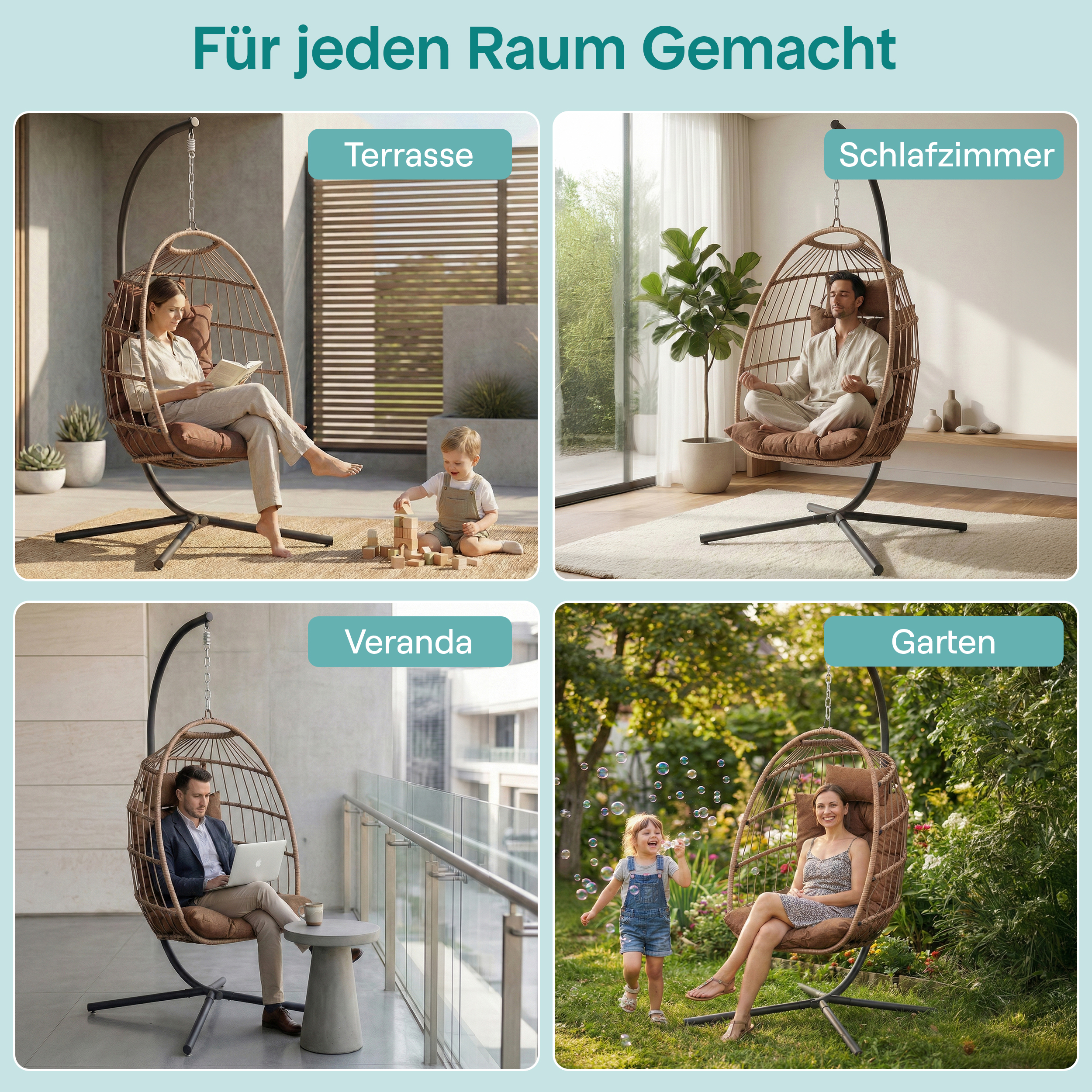 Vier Szenen mit Hängesesseln: Terrasse, Schlafzimmer, Veranda, Garten.