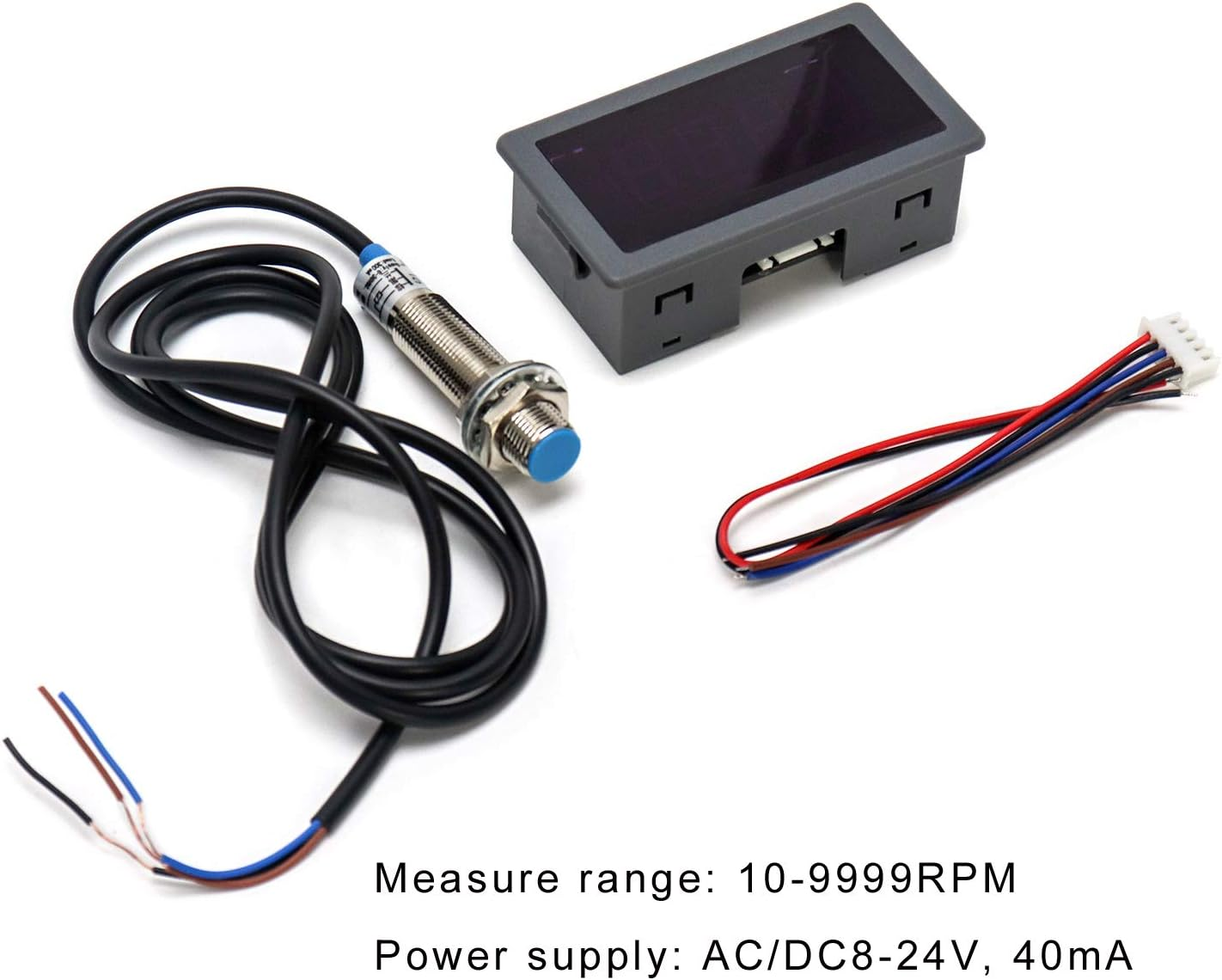 Ein silberner Sensor mit blauem Kopf, Kabel und digitalem Display.