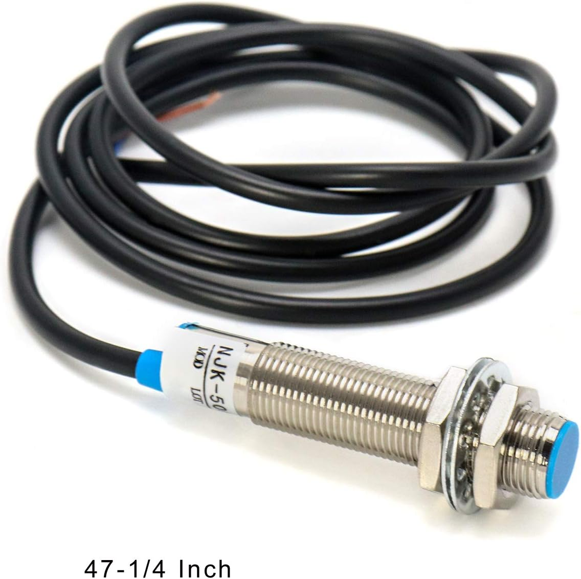 Ein silberner Sensor mit schwarzem Kabel und blauem Ende.
