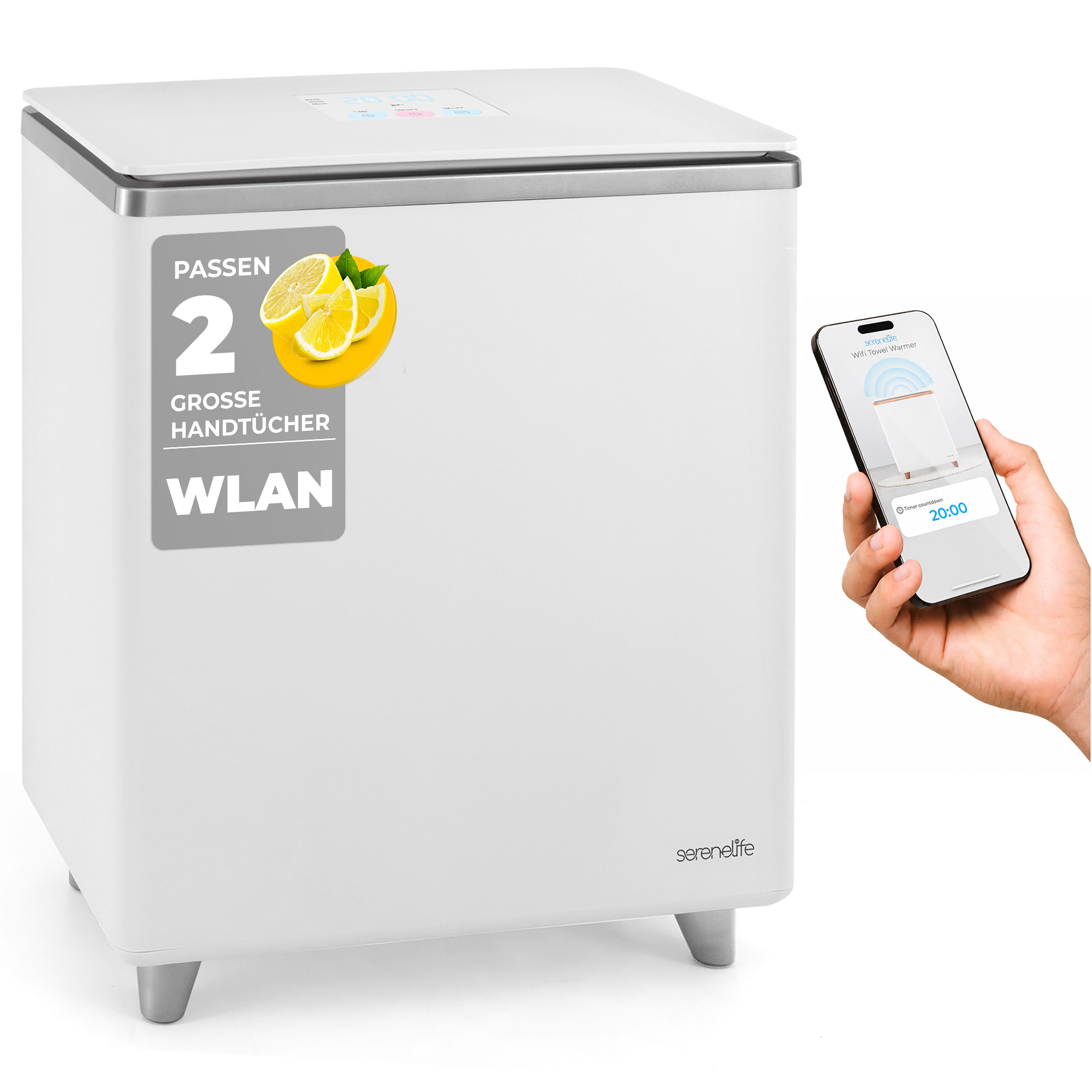 Ein weißer Handtuchwärmer mit silbernem Rand, zwei Zitronenscheiben und einem Smartphone.
