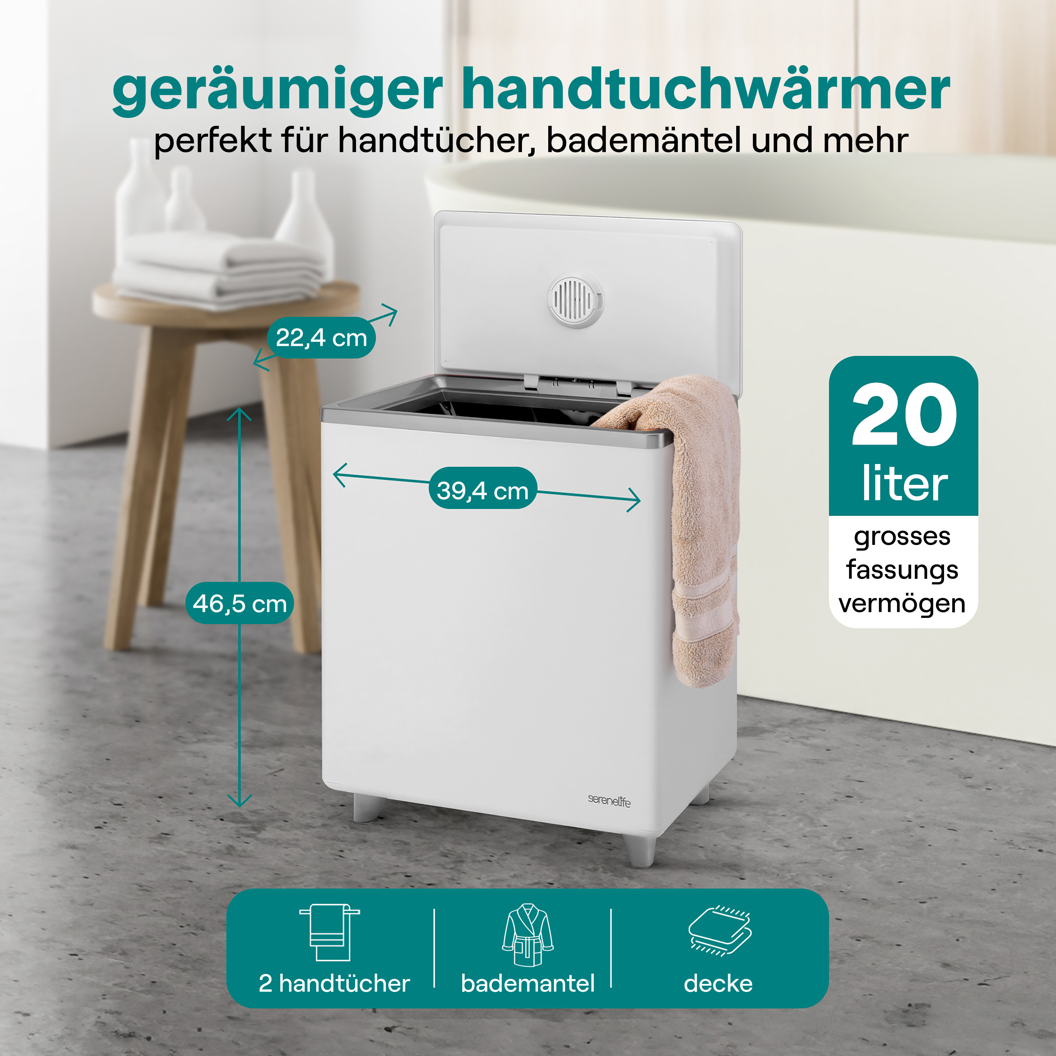 Ein weißer Handtuchwärmer mit 20L Fassungsvermögen steht auf dem Boden.