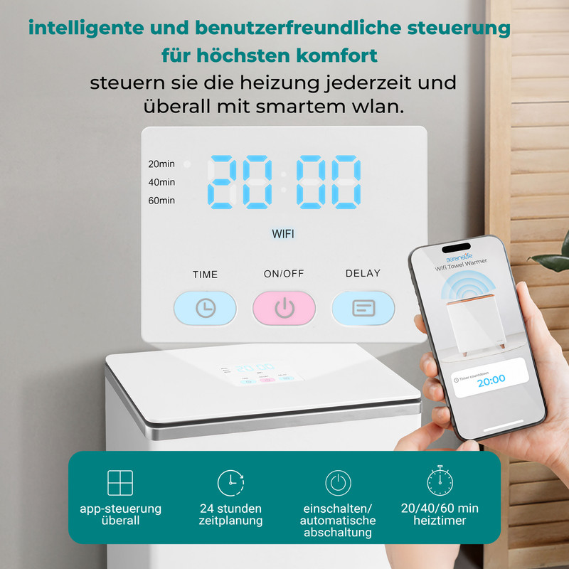Ein Handtuchwärmer-Bedienfeld mit digitaler Uhrzeit und Smartphone-App-Steuerung.
