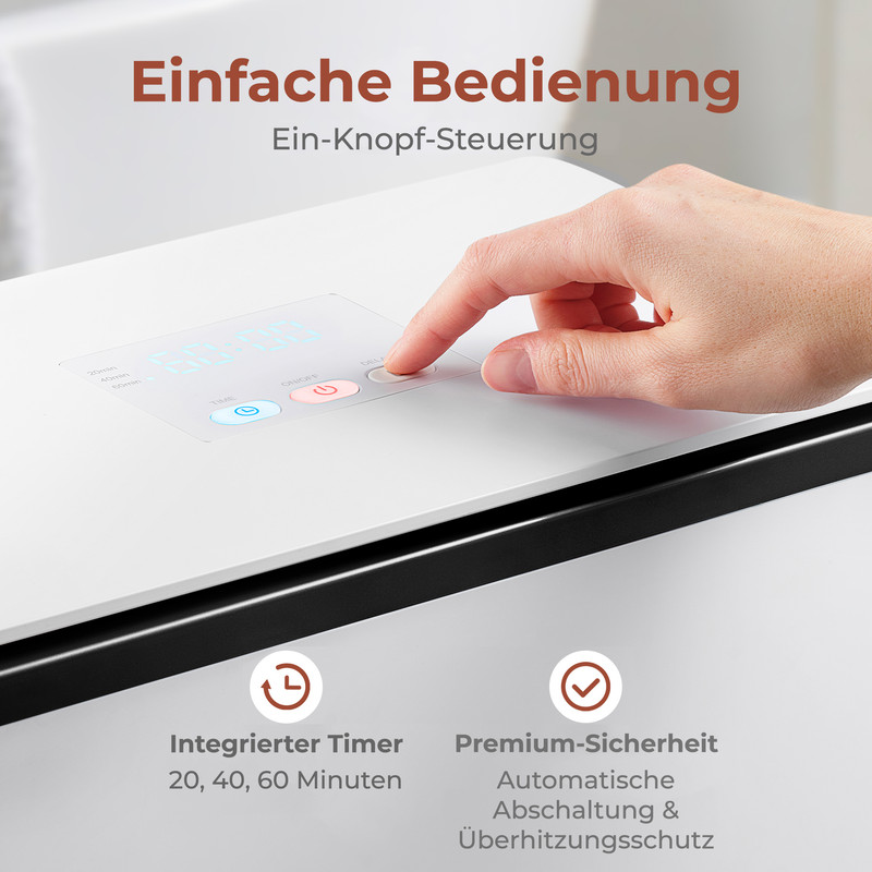 Eine Hand drückt einen Knopf auf einem weißen Gerät. "Einfache Bedienung" steht oben.
