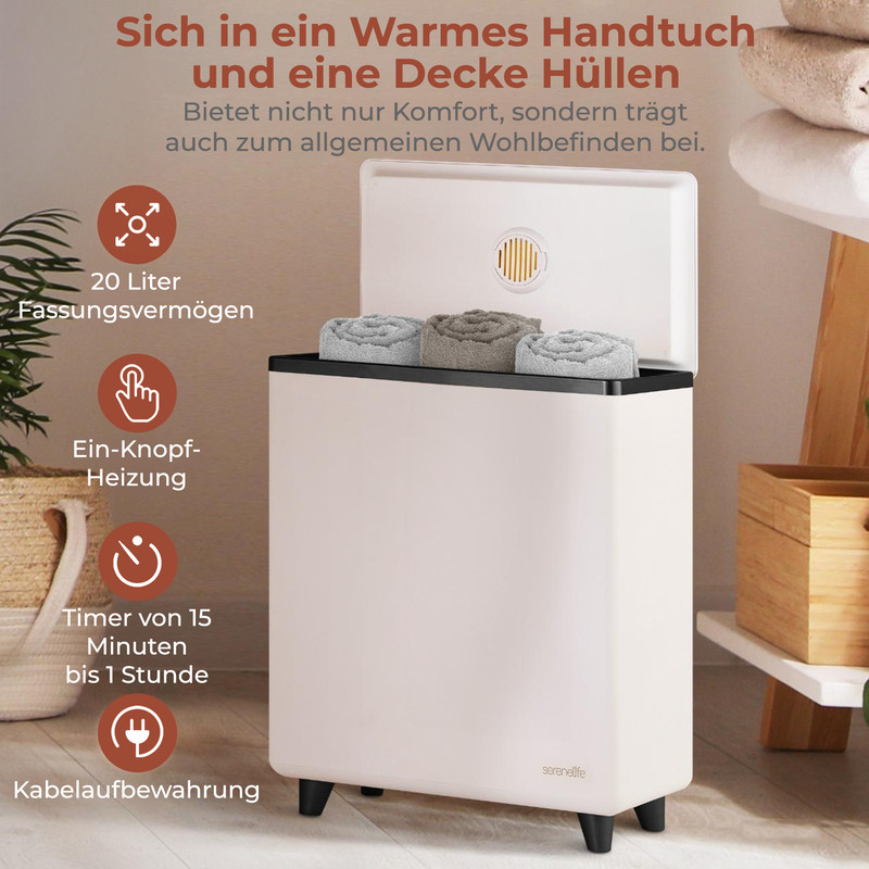 Beige Handtuchwärmer mit drei gerollten Handtüchern oben. Links sind Funktionen aufgeführt.