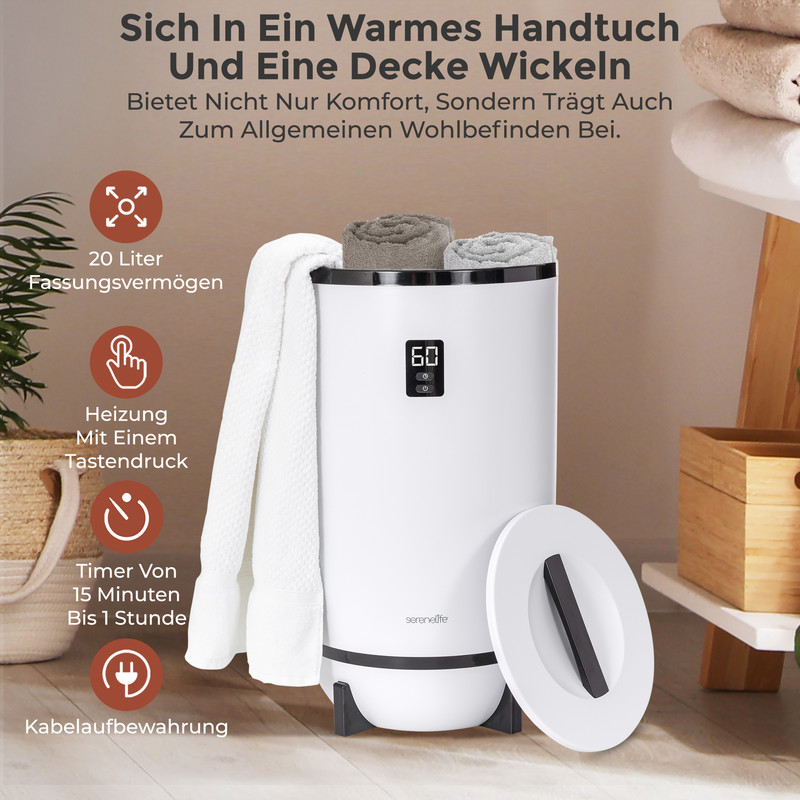 Ein weißer Handtuchwärmer mit einem digitalen Display, das 60 anzeigt.