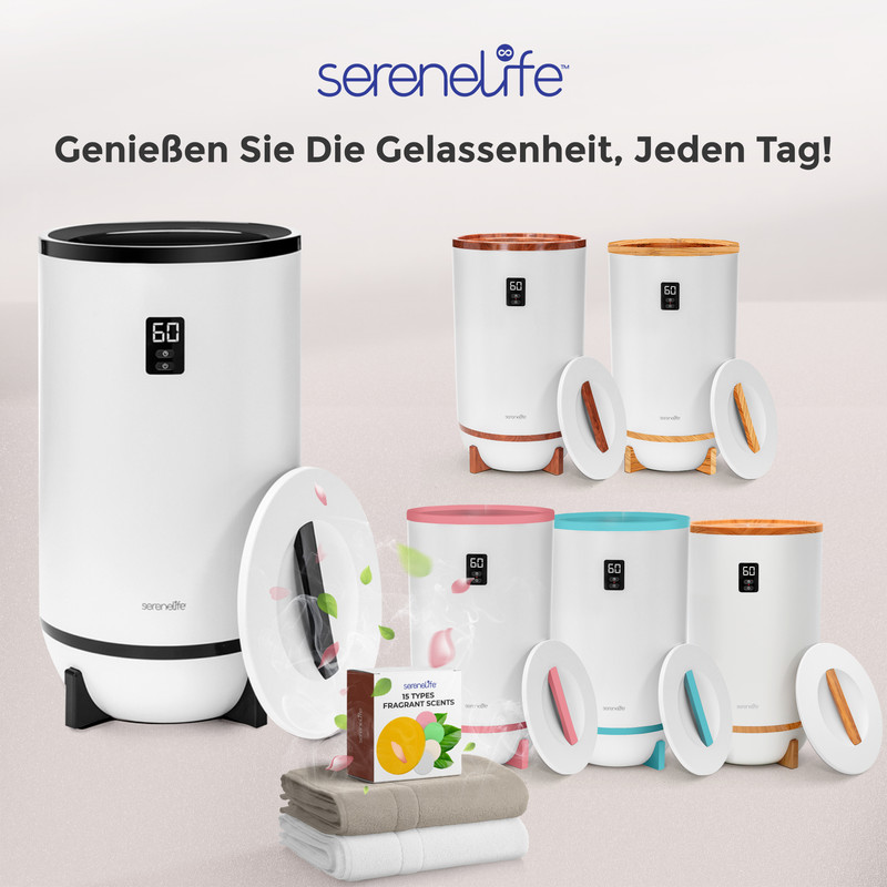 Mehrere weiße Luftbefeuchter in verschiedenen Farben mit digitalen Anzeigen und Duftpaketen.