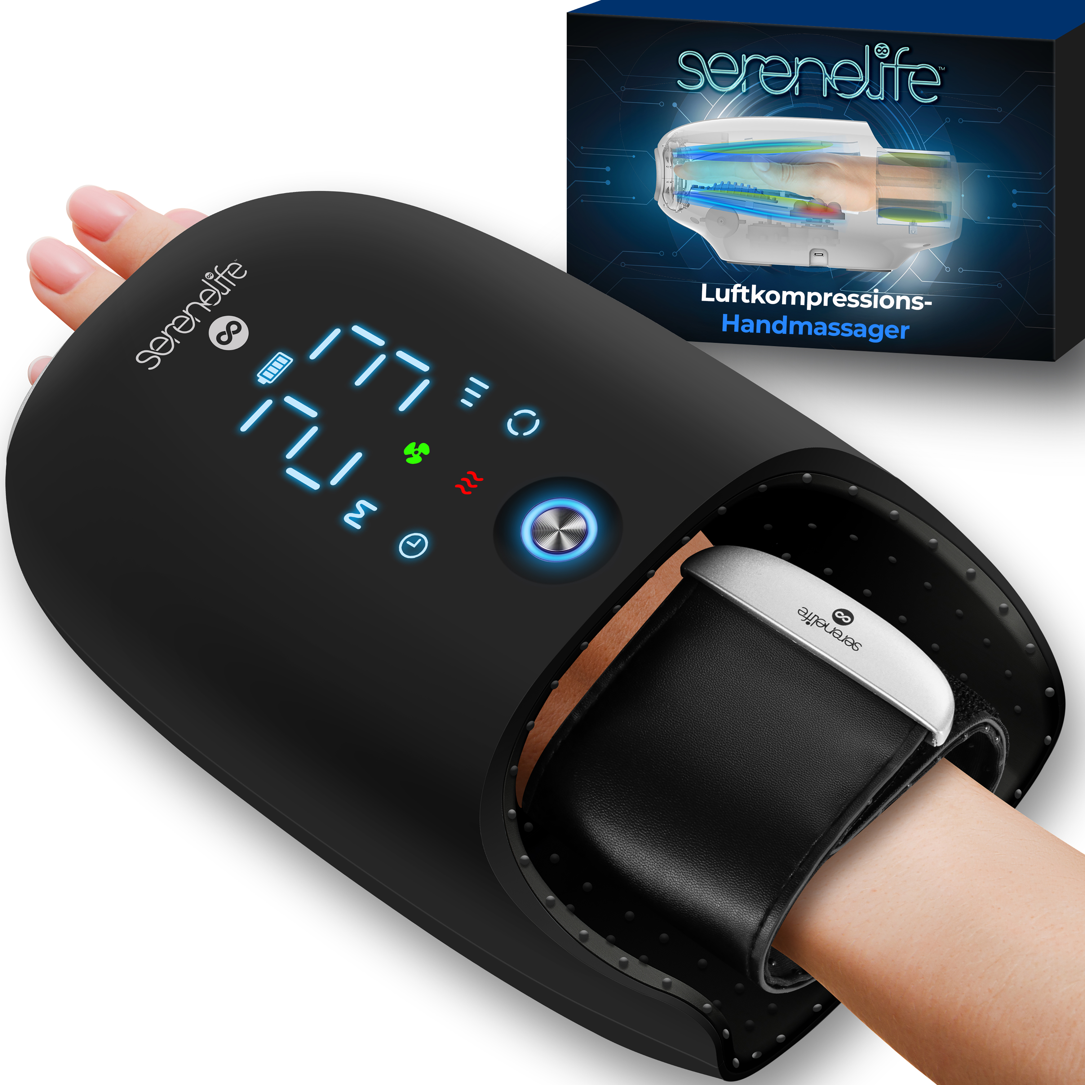 Un massaggiatore per mani nero con display luminoso e una mano all'interno.