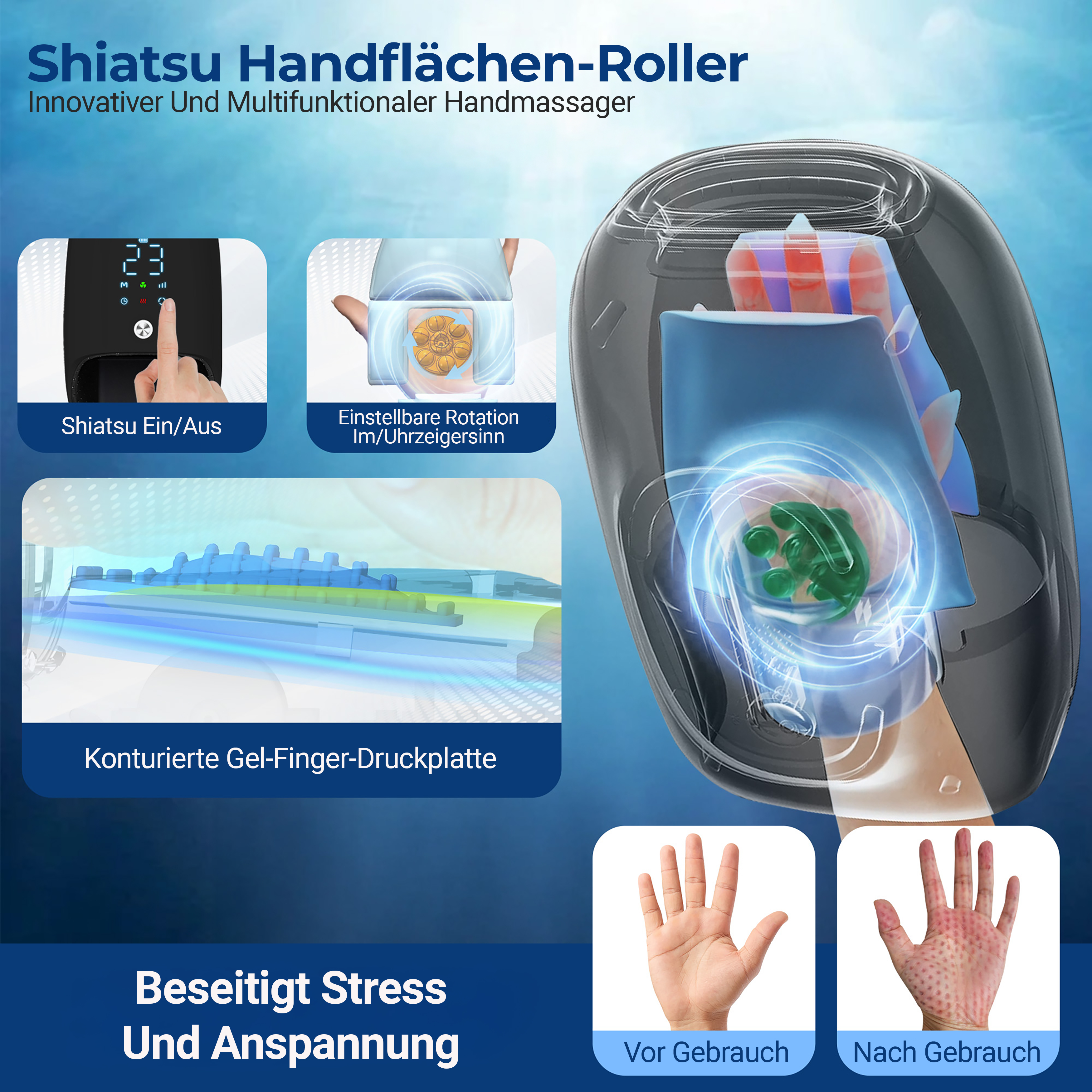 Massaggiatore mani con funzione Shiatsu, rotazione regolabile e piastra dita in gel.