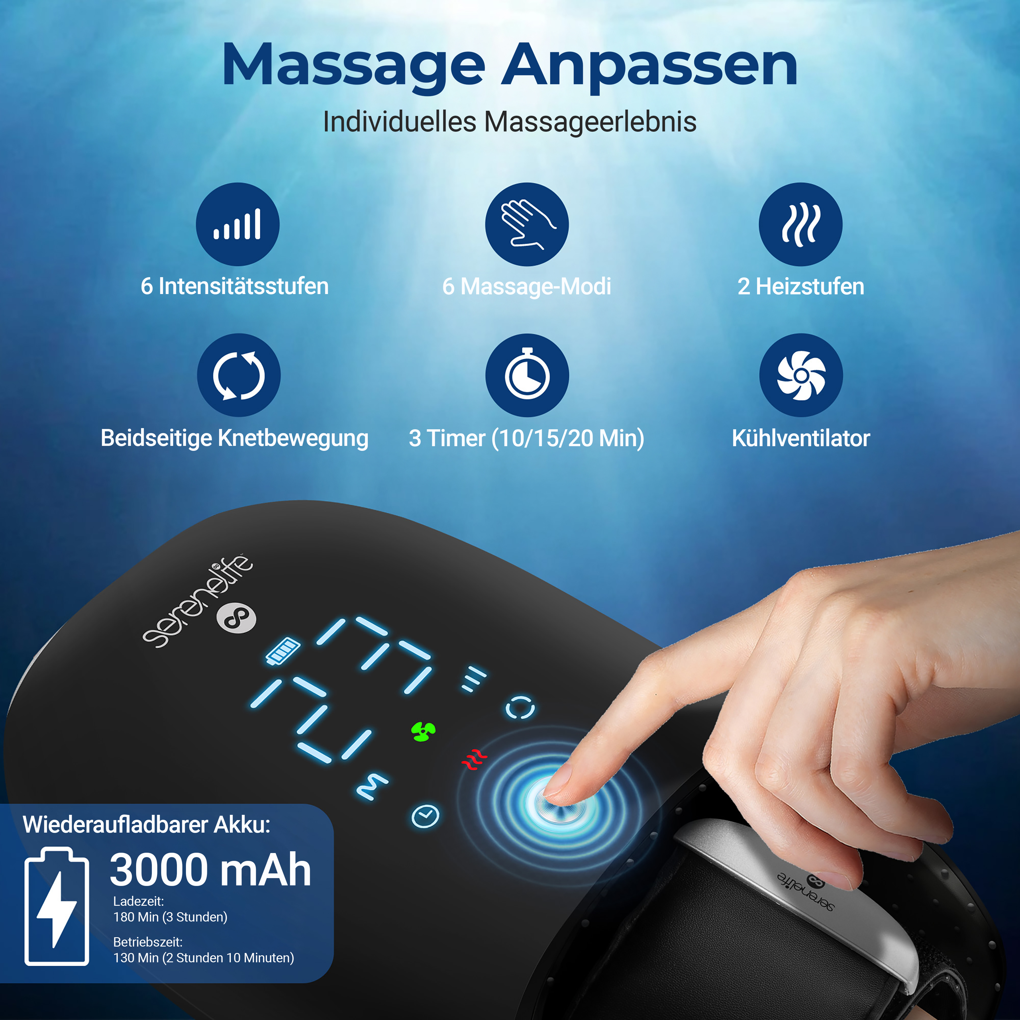 Dispositivo massaggiante con sei livelli di intensità, modalità, livelli di calore, impastamento, timer e ventola.