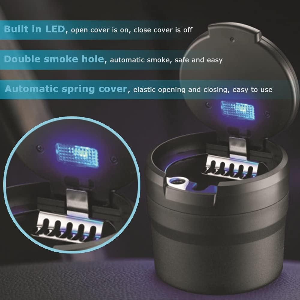 Ein schwarzer Aschenbecher mit offenem Deckel und blauer LED-Beleuchtung im Inneren.