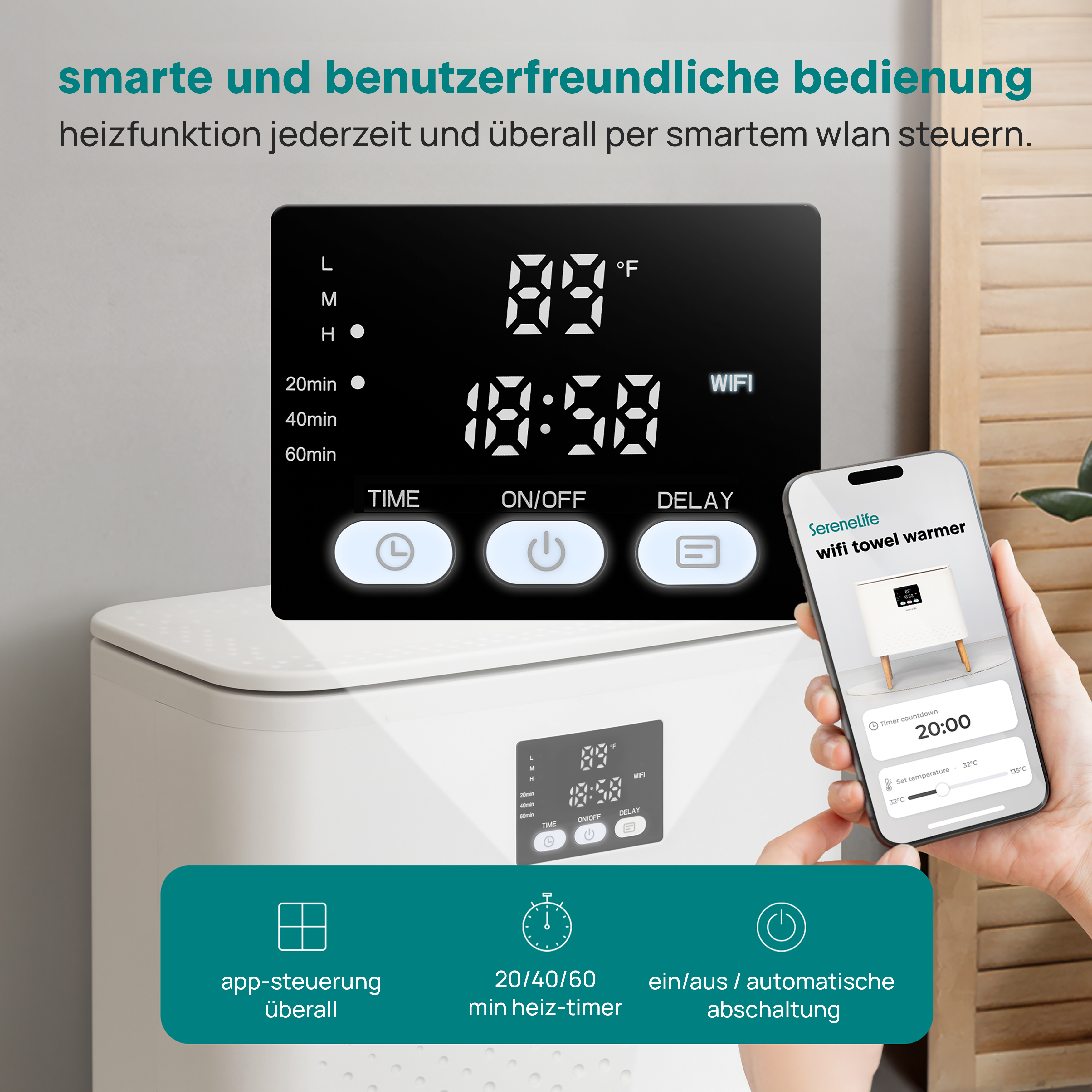 Ein Smartphone steuert einen Handtuchwärmer über eine App, der auf einem Tisch steht.