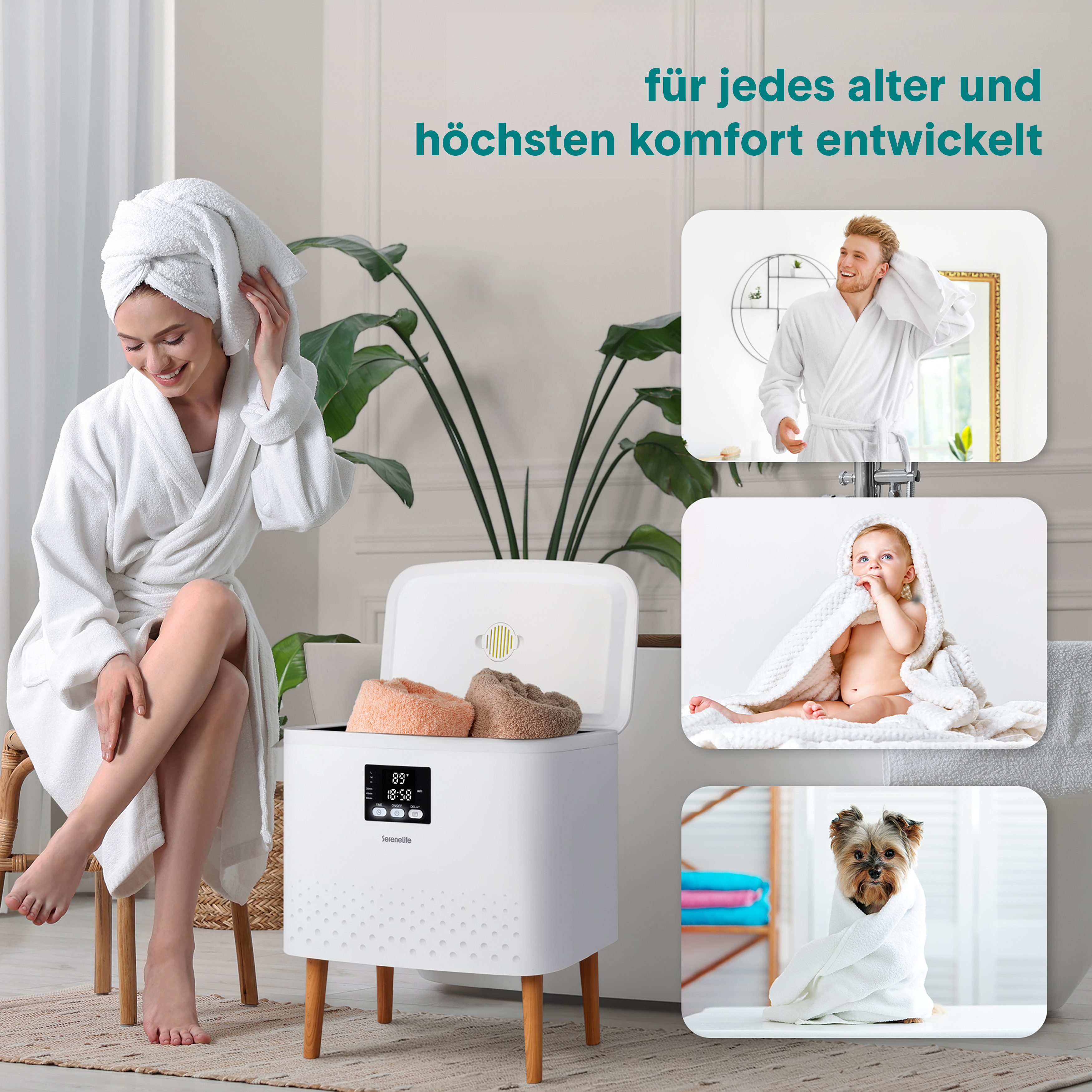 Eine Frau in einem Bademantel sitzt, ein Mann, ein Baby und ein Hund sind in Handtücher gewickelt.